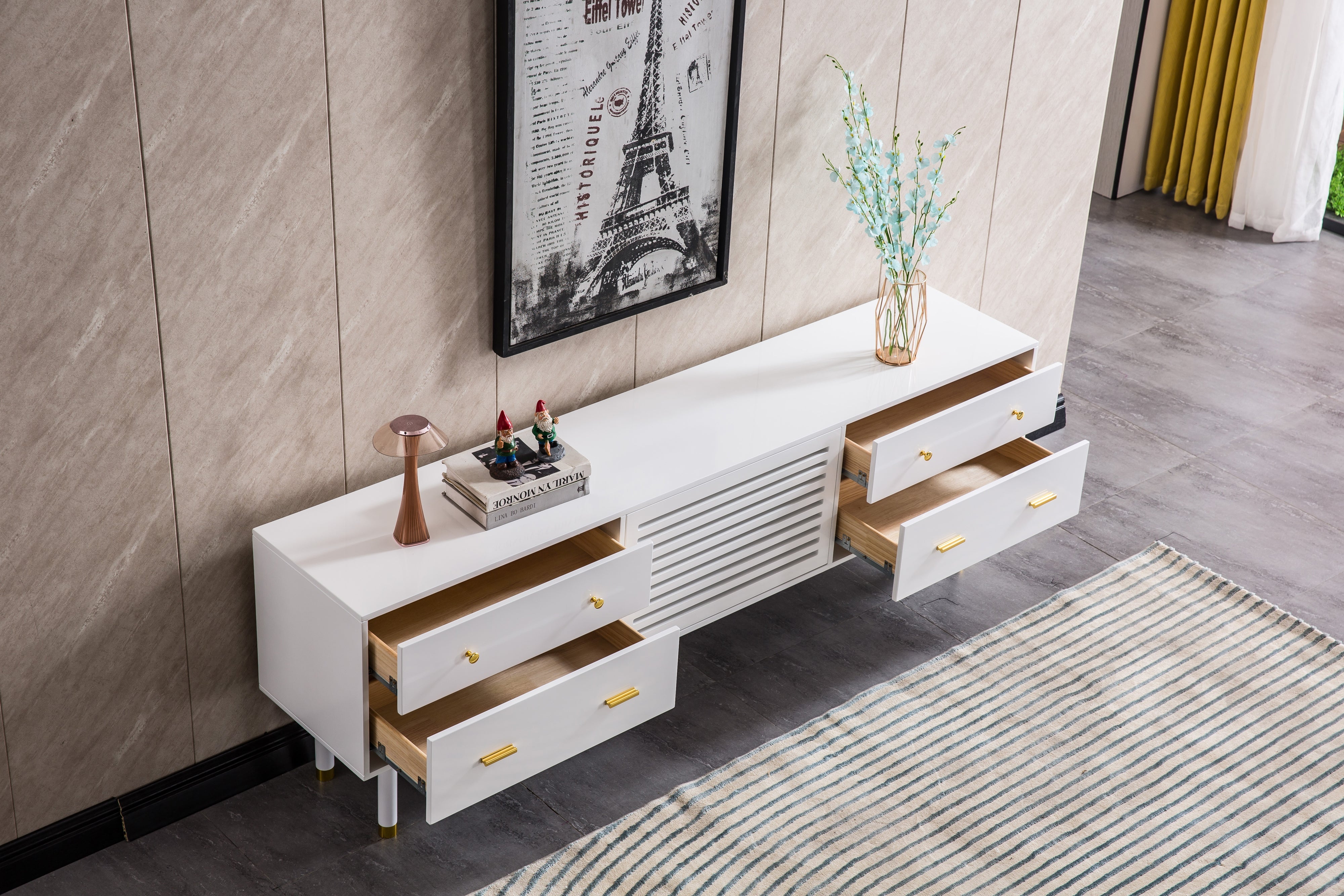 Modern White Lacquer TV Stand with Wooden Legs