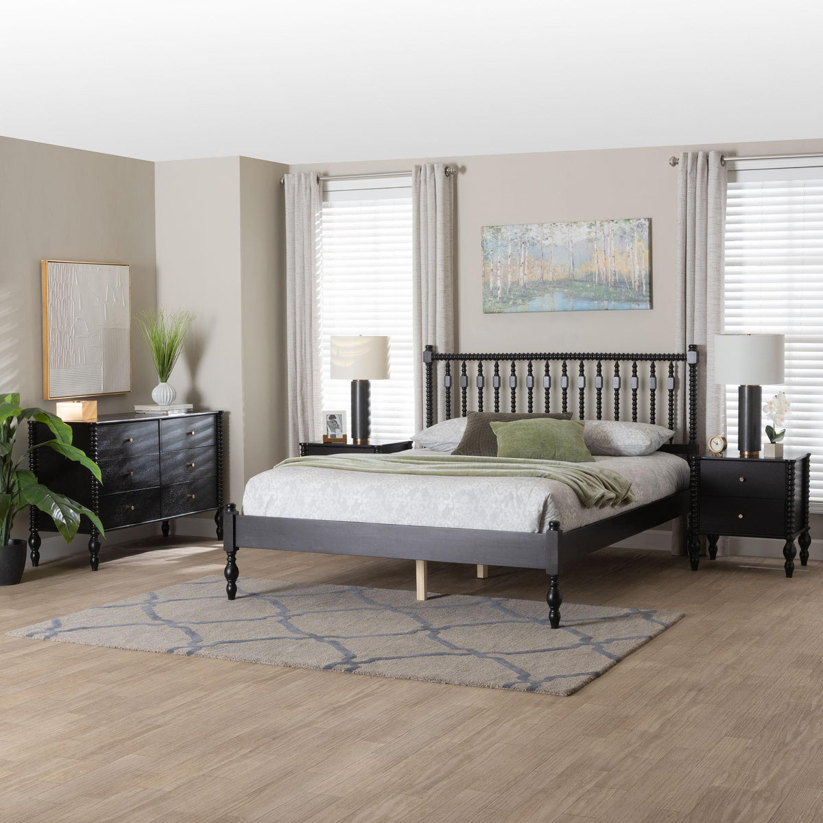 Callison Spindle 4-Piece Bedroom Set - Farmhouse Platform Bed with Matching Dresser and 2-Drawer Nightstands, Black, Full