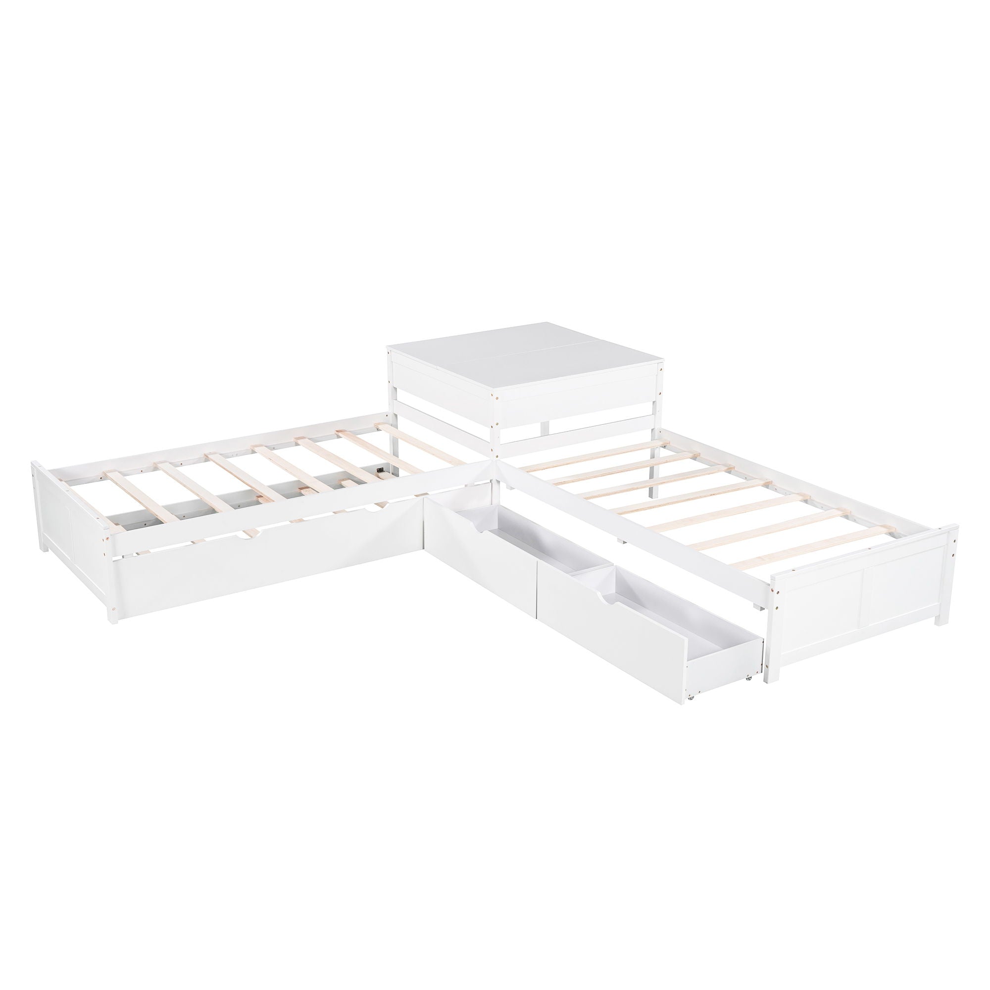 L Shaped Platform Bed With Trundle And Drawers Linked With Built In Desk