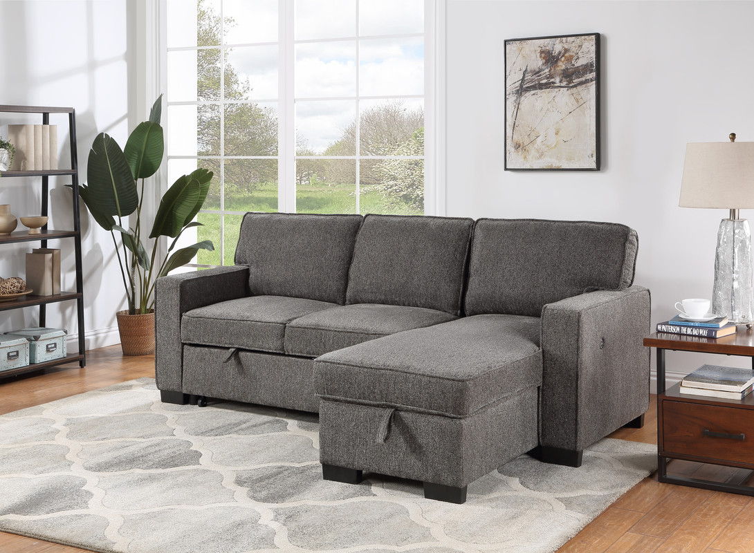 Estelle 86.5"W Dark Gray Fabric Reversible Sleeper Sectional with Storage Chaise Drop-Down Table 2 Cup Holders and 2 USB Ports