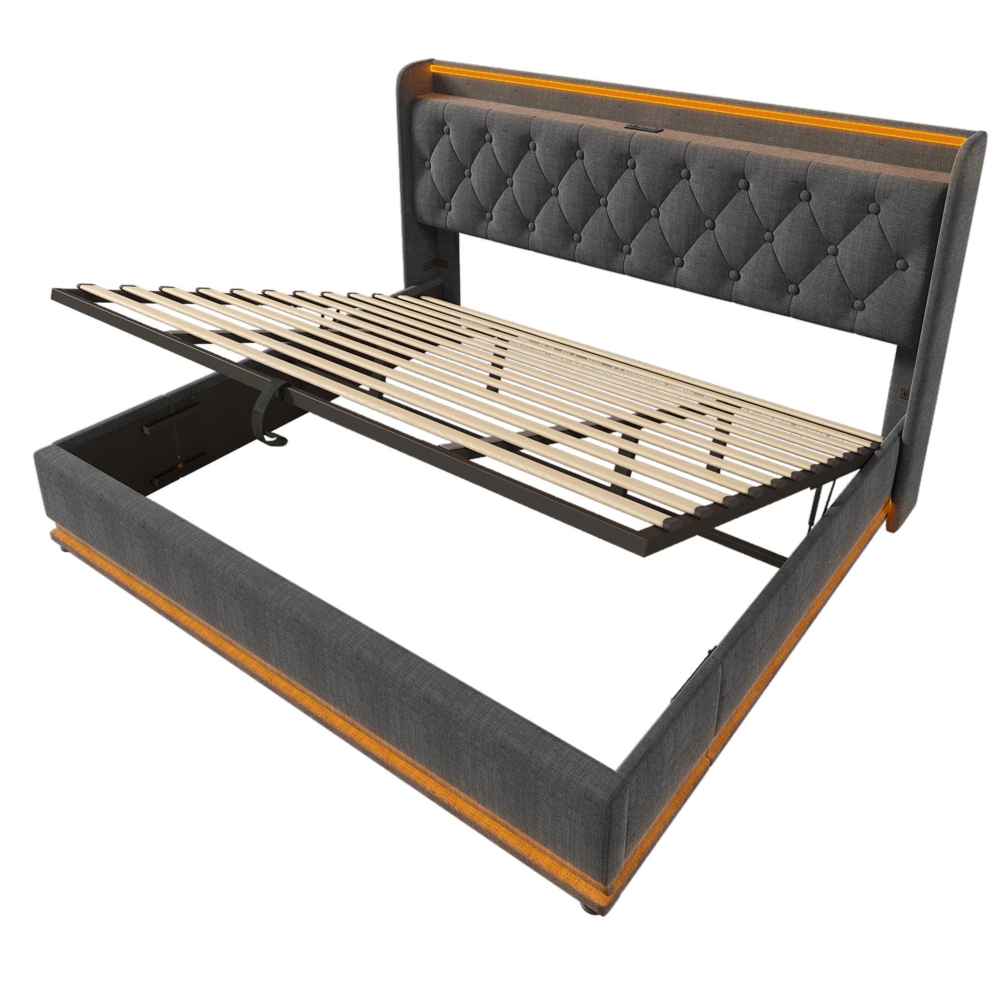 Upholstered Bed, 360 Surround LED Function, Remote Control, Hydraulic Storage Bed With USB, Type-C Charging (Without Mattress)