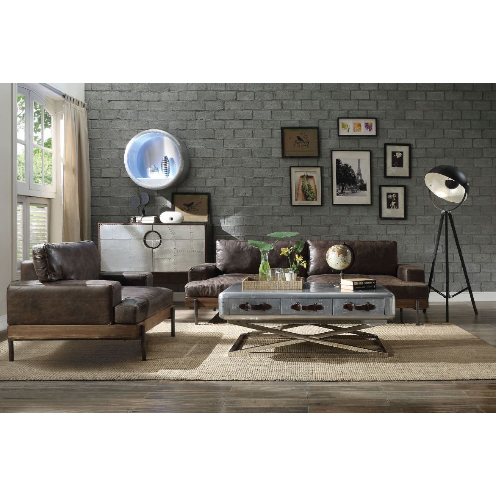 ACME Silchester - Sofa - Oak & Distress Chocolate Top Grain Leather | Meri Furniture