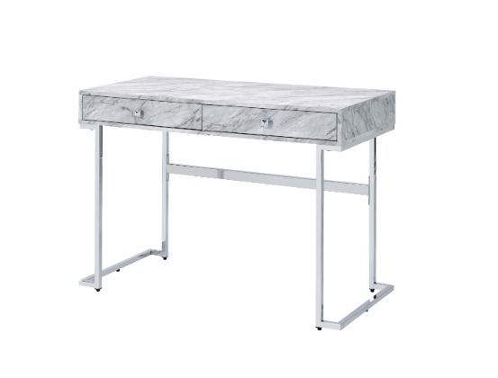 ACME Tigress - Writing Desk - White Printed Faux Marble & Chrome Finish | Meri Furniture