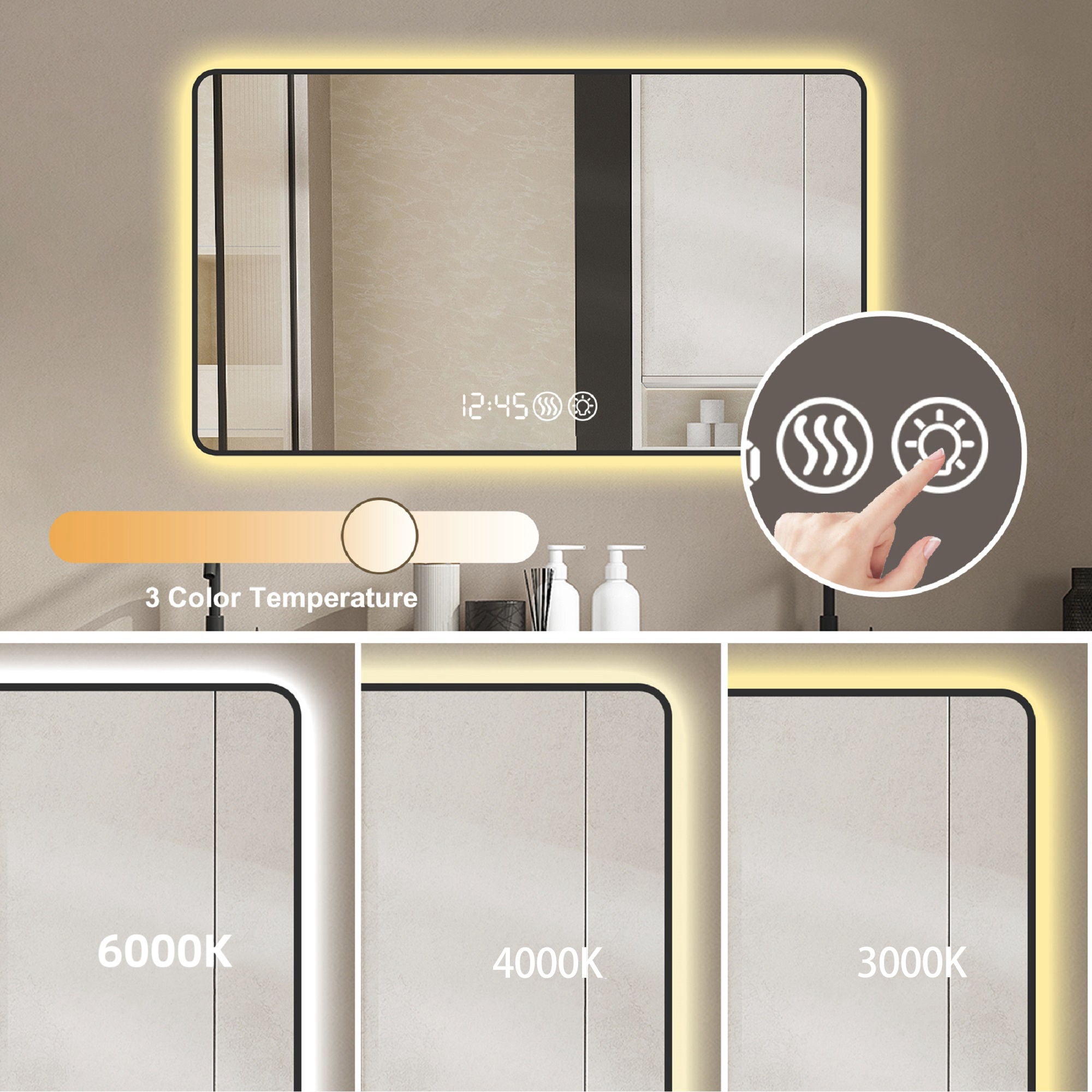 Modern Aluminum Frame Wall Mirror With Rounded Corners, Temperature Display, Tri Color Light, Defogging - Black