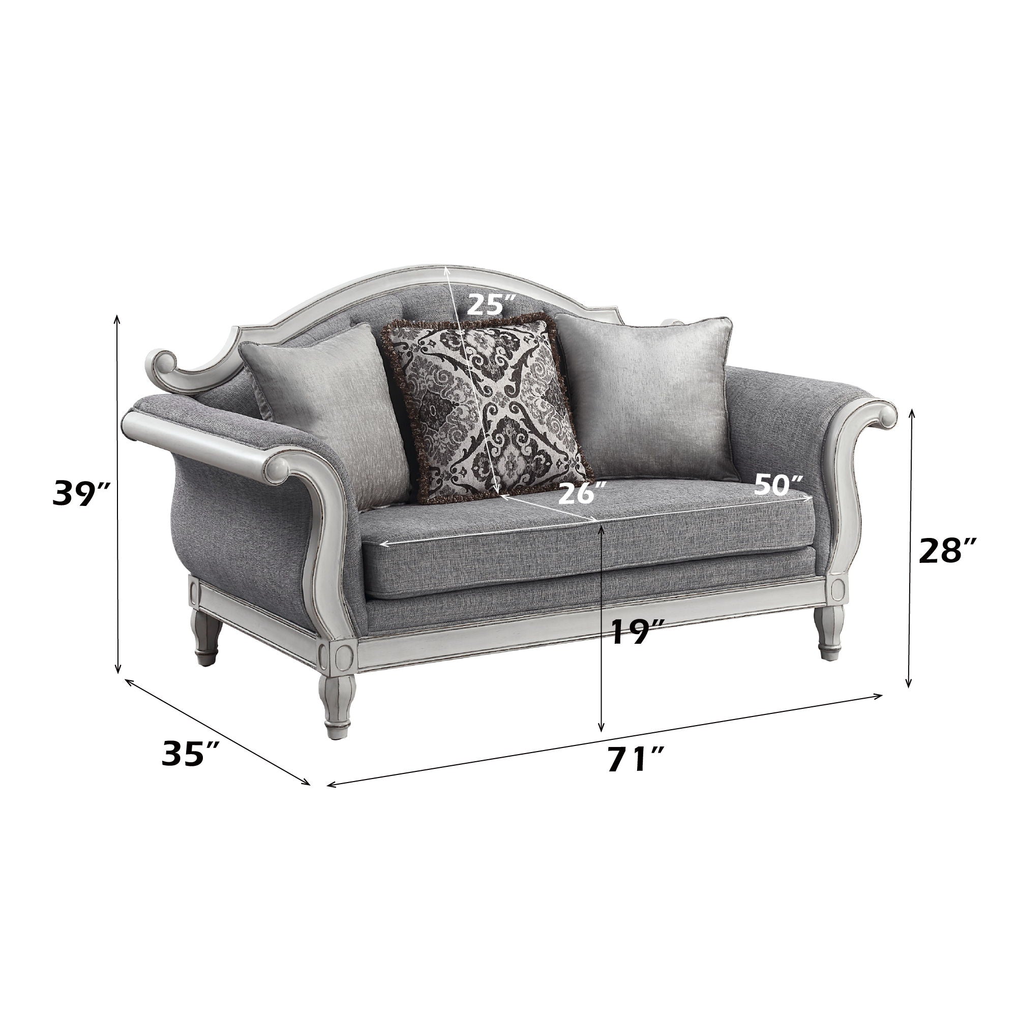 Florian - Loveseat With 3 Pillows - Gray Fabric & Antique White