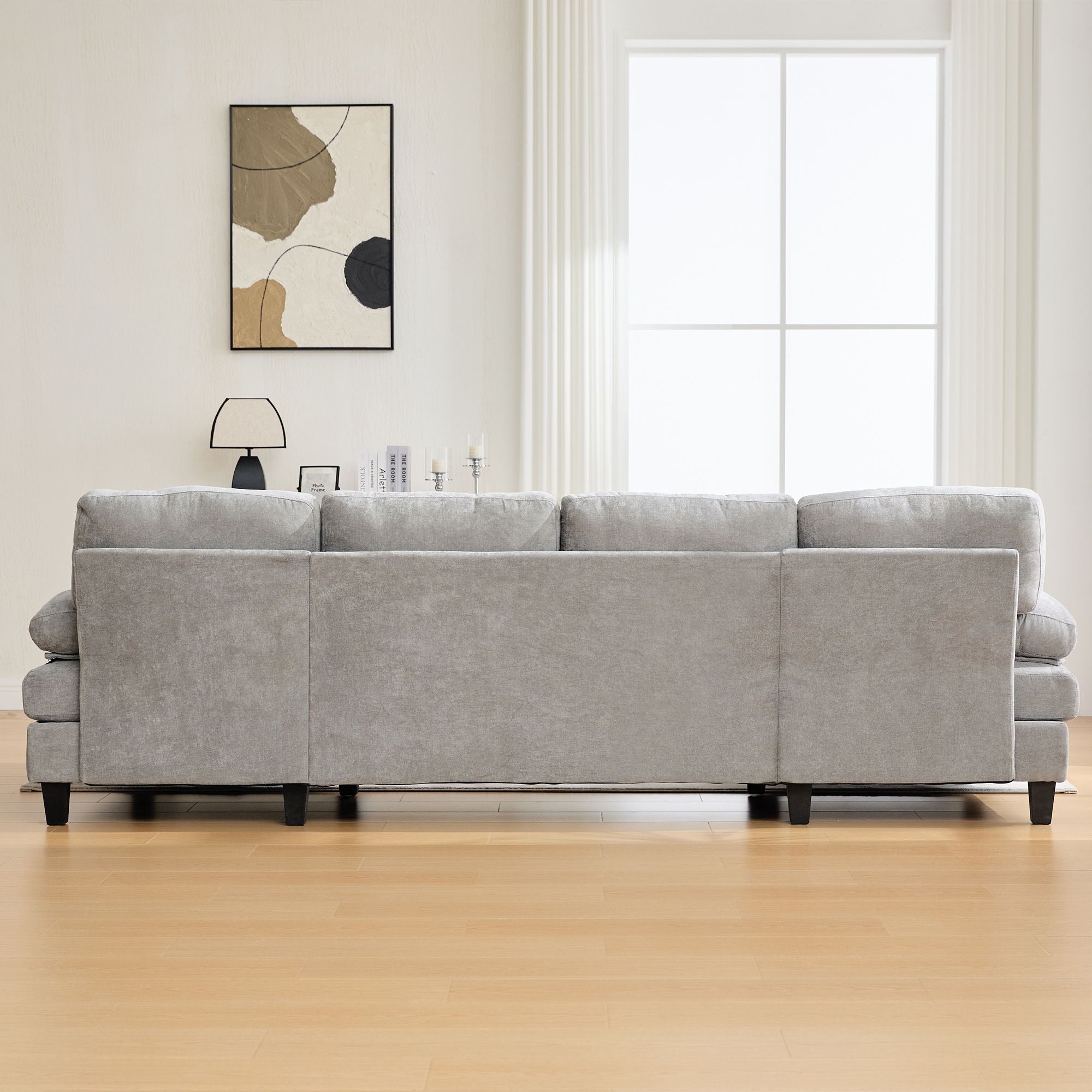 U-Shaped Sectional Sofa 103.5" Black Chenille Fabric Couch With Dual Chaise Lounges, Storage Pockets, Armrest Pillows