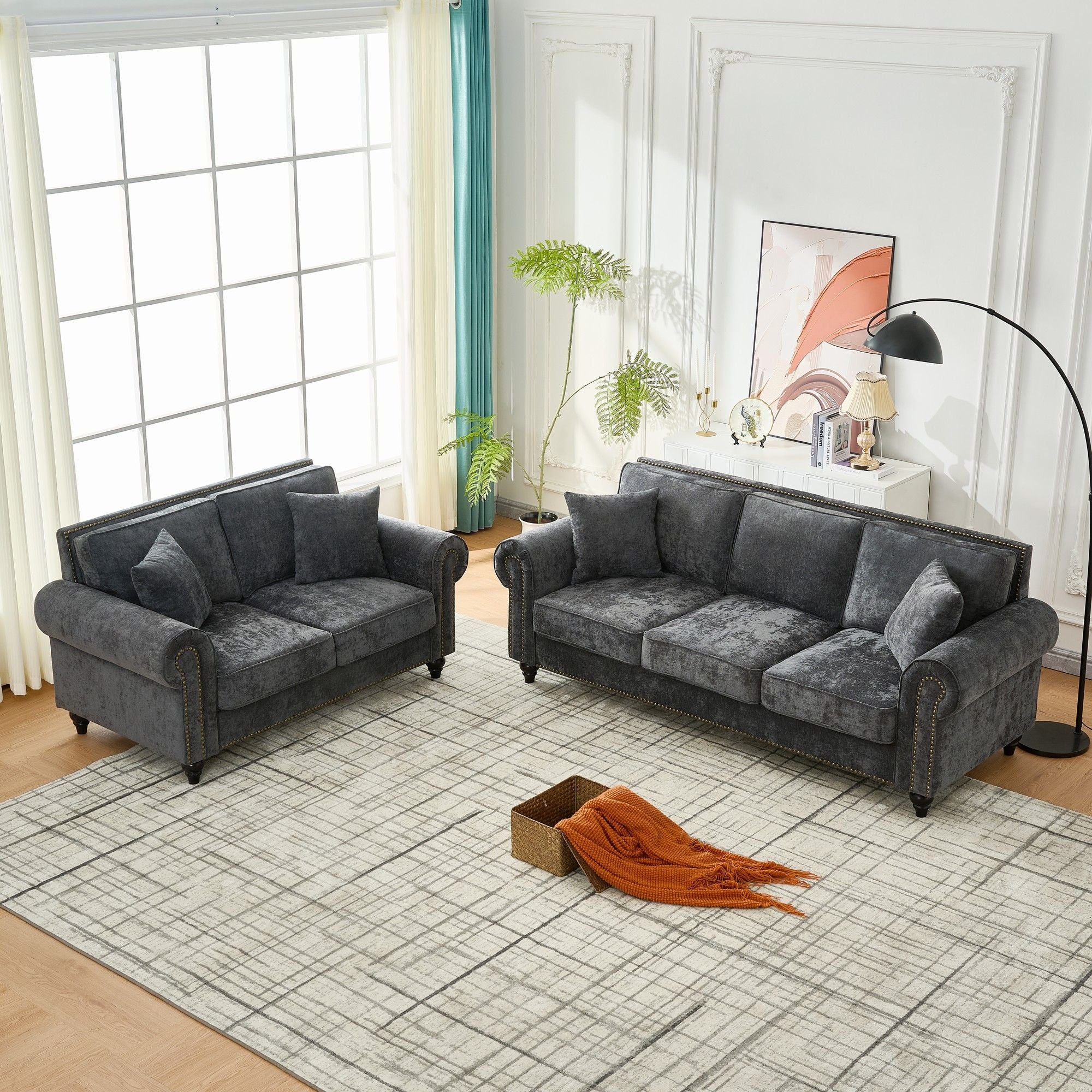 Modern 3 And 2 Seater Sofa With Rolled Arms, Tufted Upholstered Couch