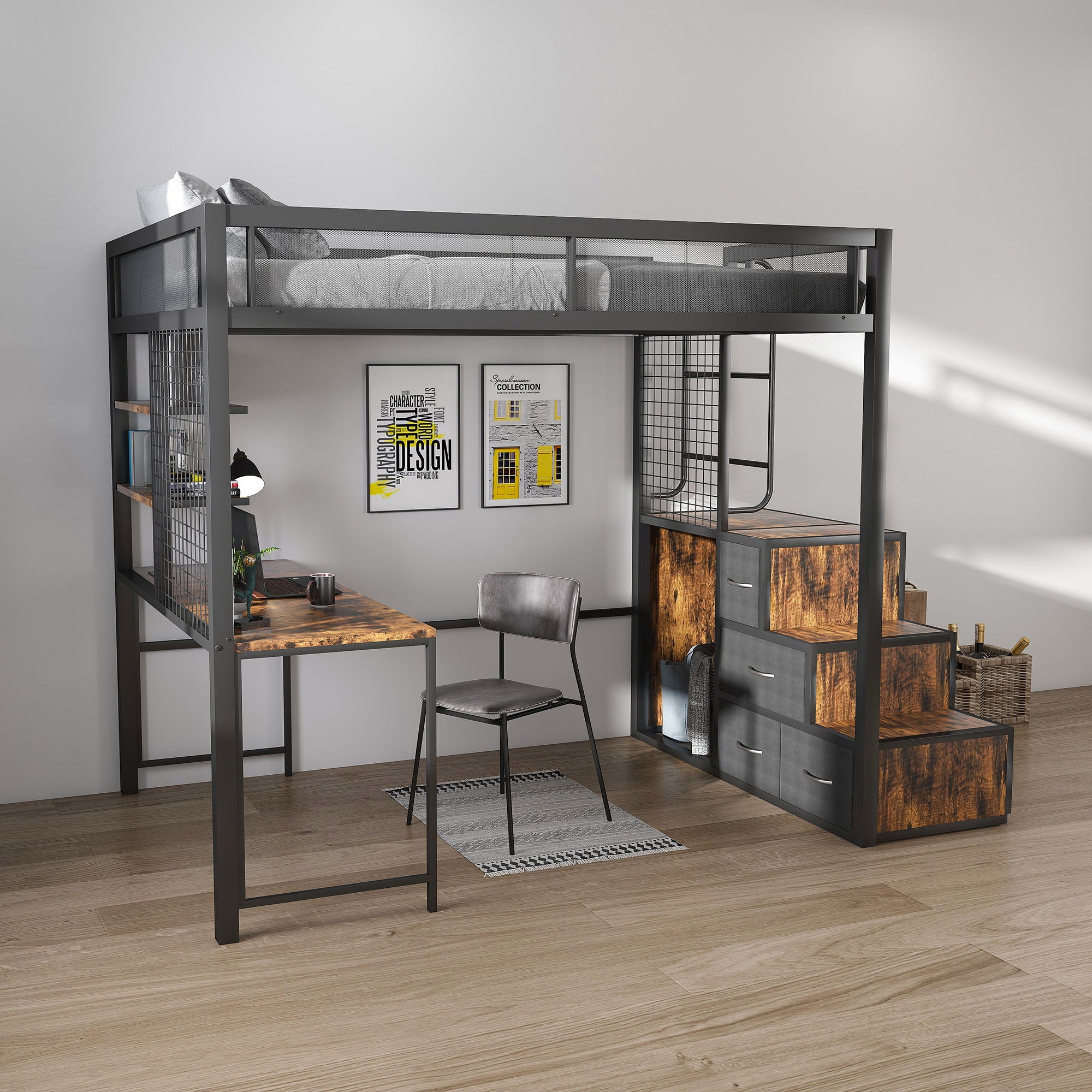Heavy Duty Full Loft Bed With Desk & USB Charging Metal Frame With Storage Drawers And Staircase - Black