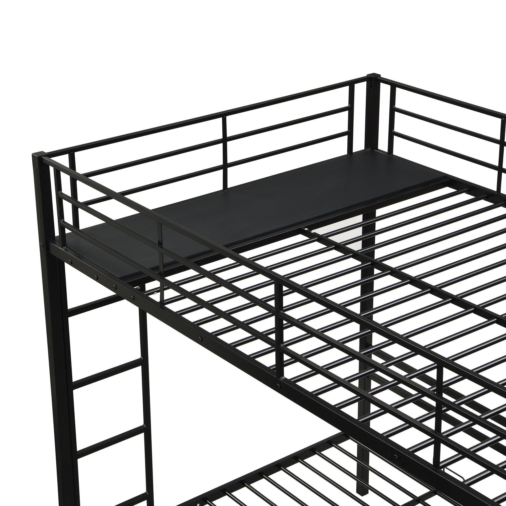 Modern Metal Triple Bunk Bed With Vertical Ladder, Safety Rail, And Storage Shelf - Black