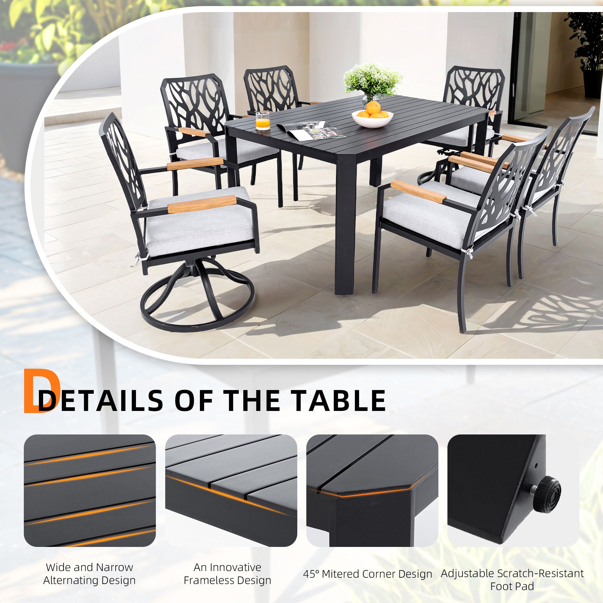Outdoor Patio Furniture Dining Set With Sunbrella Fabric, Rectangular Table With Umbrella Hole