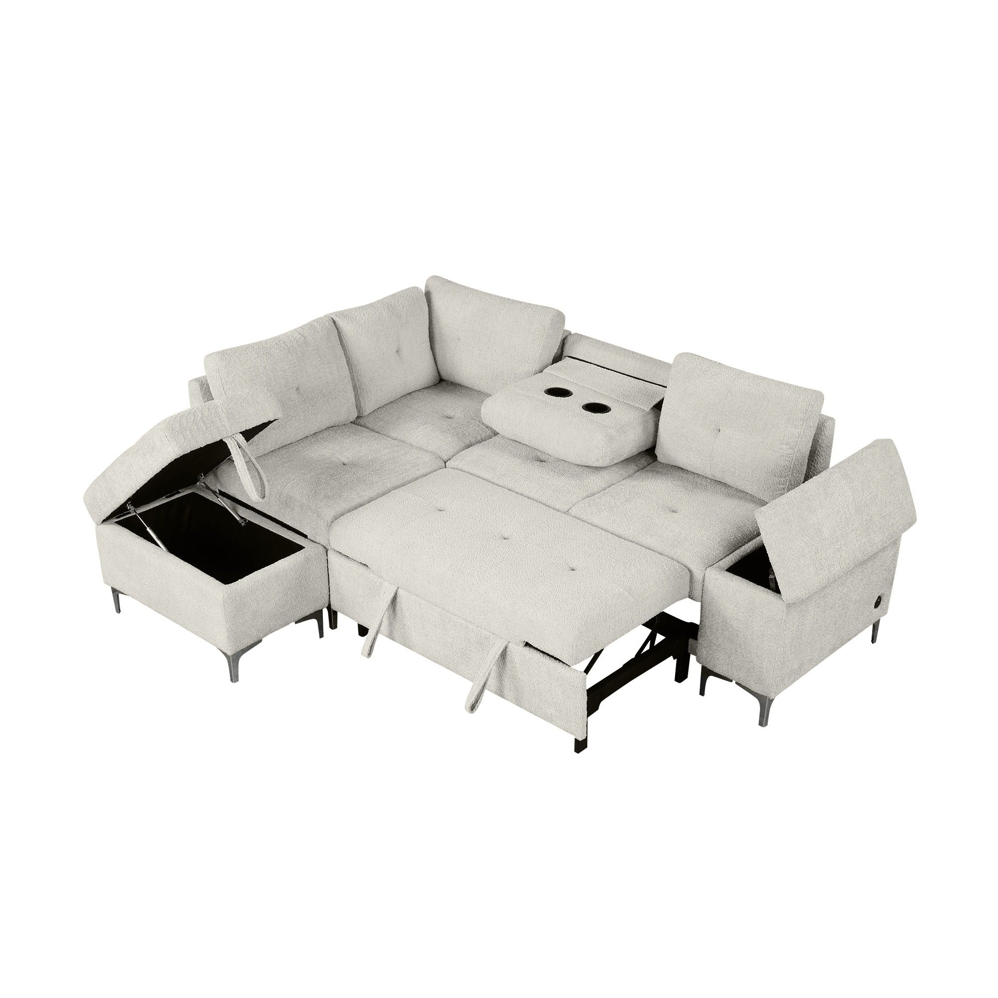 Versatile L Shaped Sofa Bed With Storage, Cup Holders, USB Ports Chenille