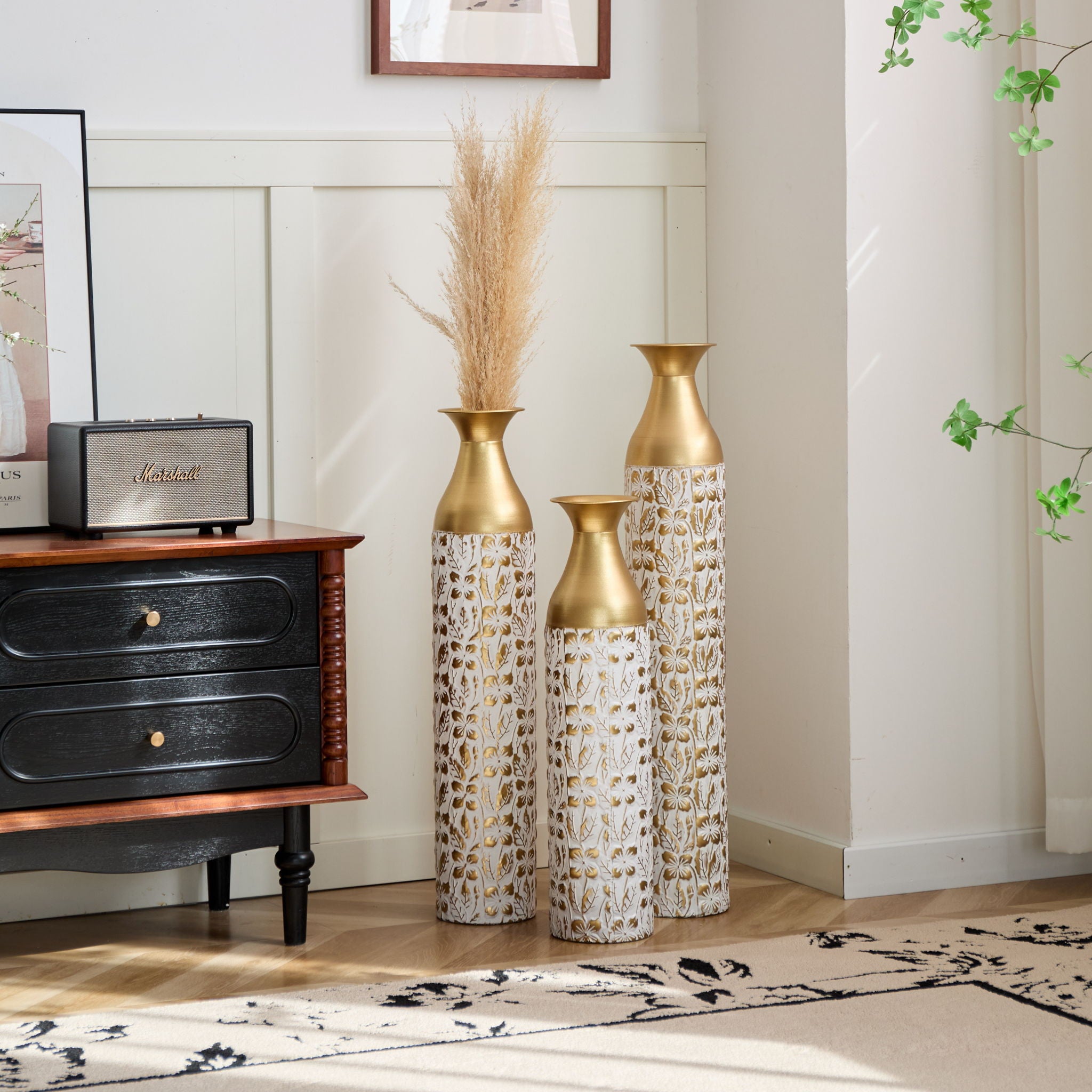 Mother's Day Gift Set Gilded White 3D Relief Flower Metal Vase Set - White / Gold