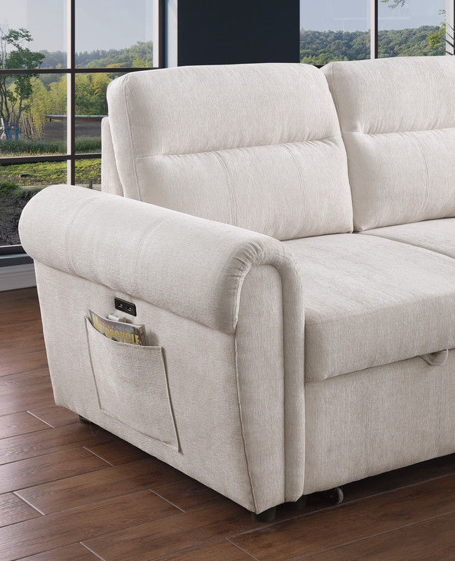 Hugo 97"W Beige Chenille Reversible Sleeper Sectional Sofa Chaise with USB Charger, Phone/Magazine Pockets