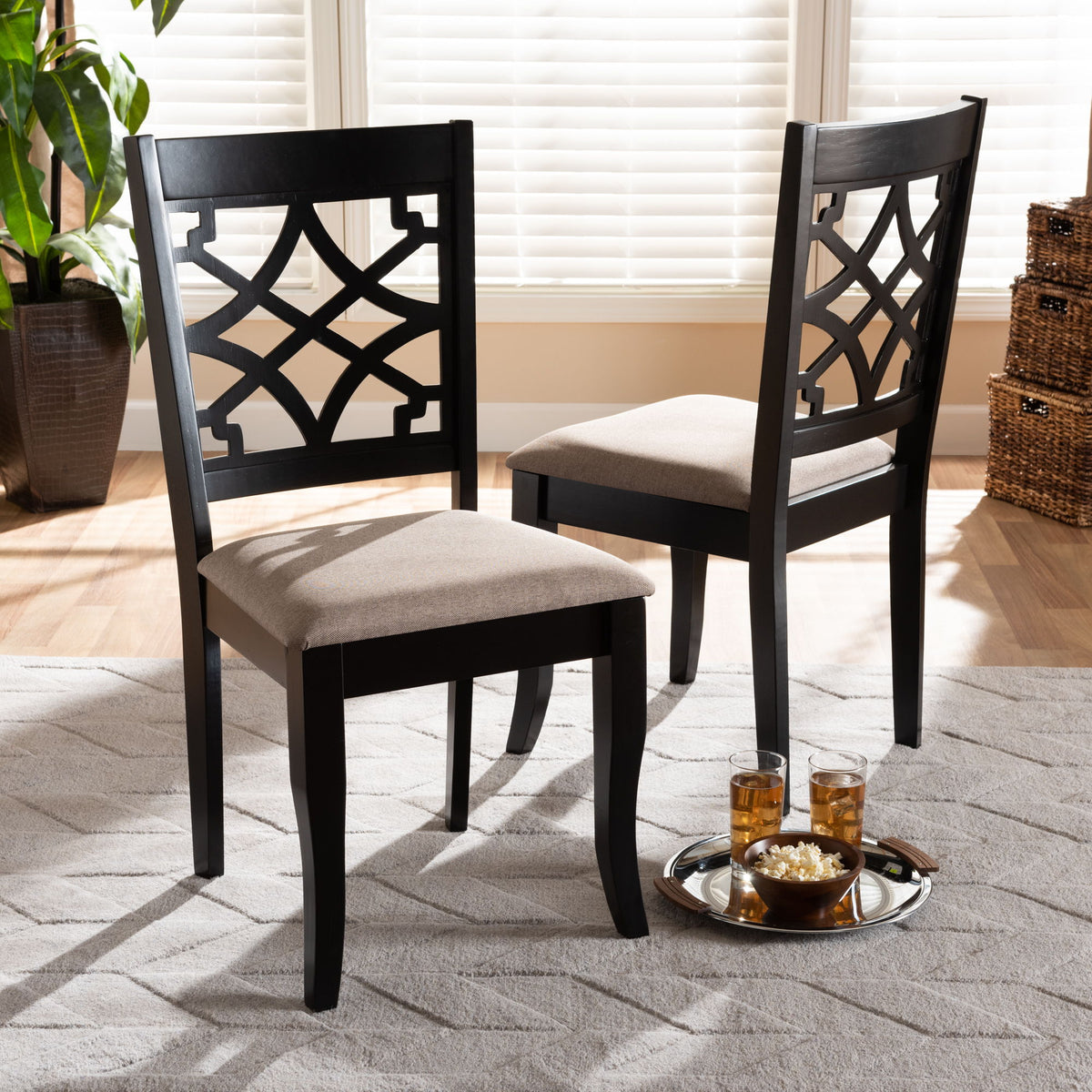 Mael Modern and Contemporary Sand Fabric Upholstered and Espresso Brown Finished Wood 2-Piece Dining Chair Set