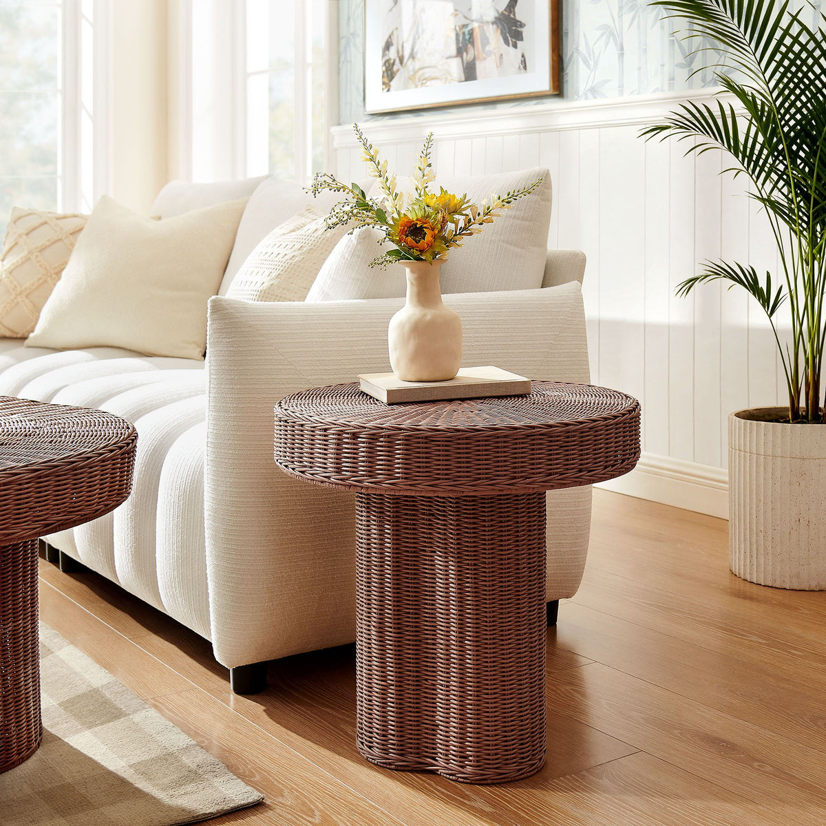 Sarova 20 Inch Natural Rattan Round Pedestal Side Table by Modway