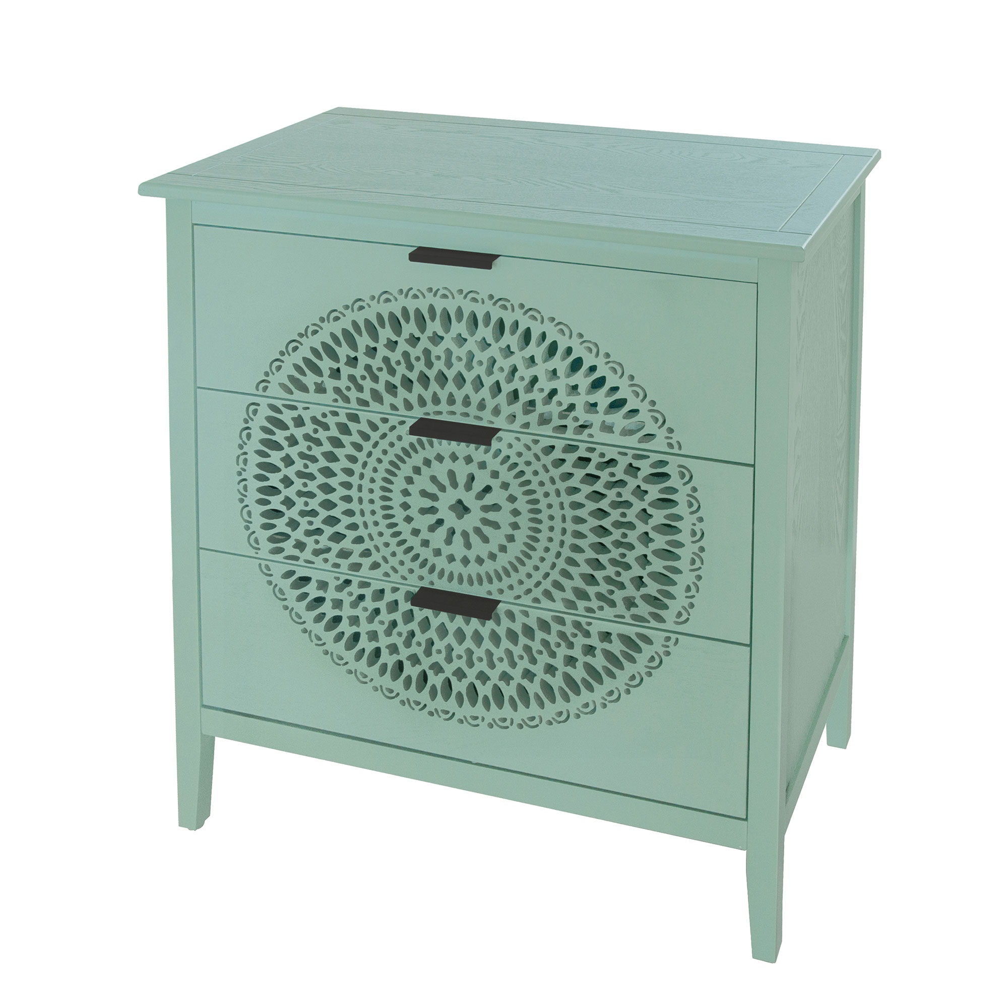 3 Drawer Storage Cabinet With Hollow Carved Design And Metal Handles, Chest For Entryway, Living Room Or Bedroom - Light Green