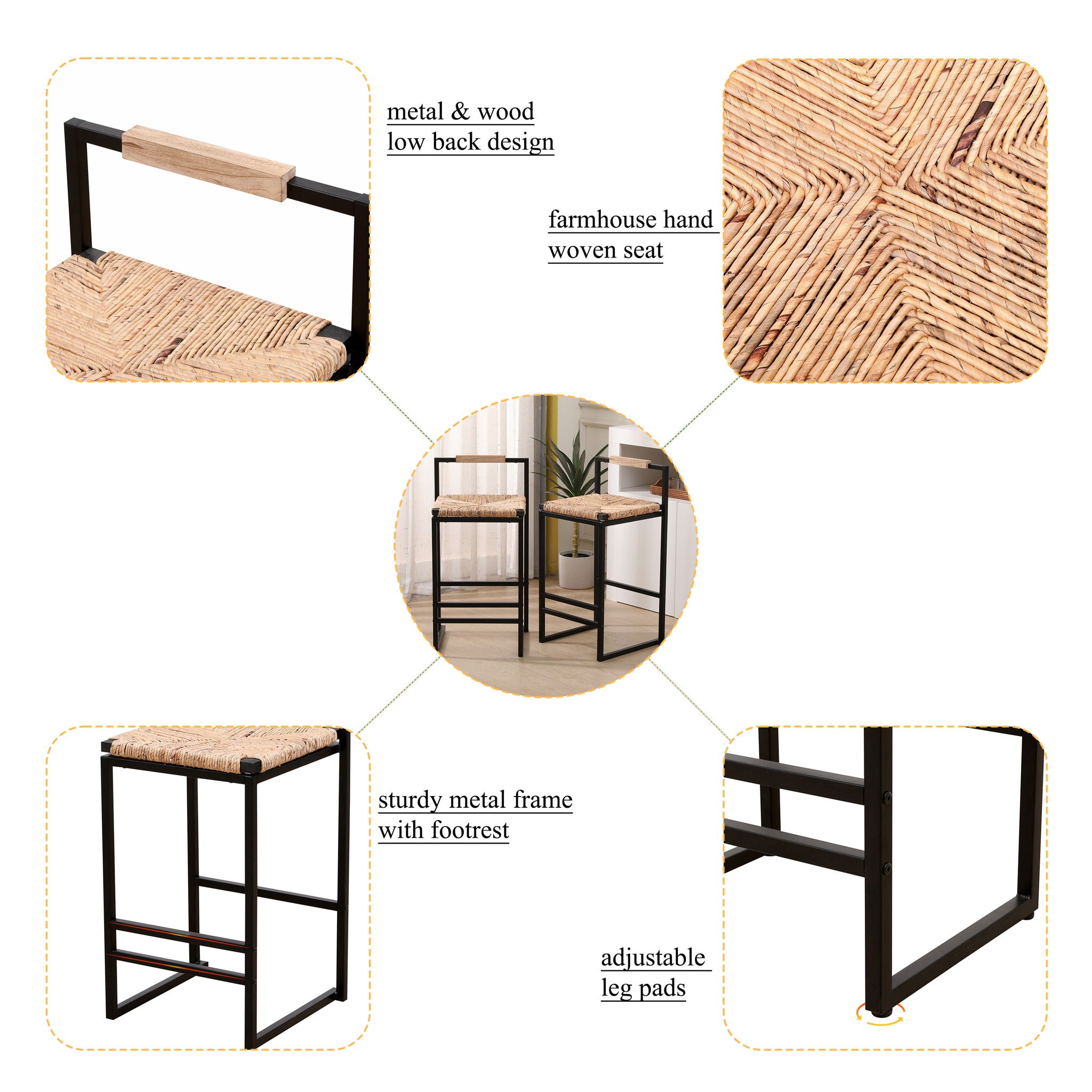 Water Hyacinth Woven Bar Stools With Back Support, Counter Height Dining Chairs (Set of 2) - Natural