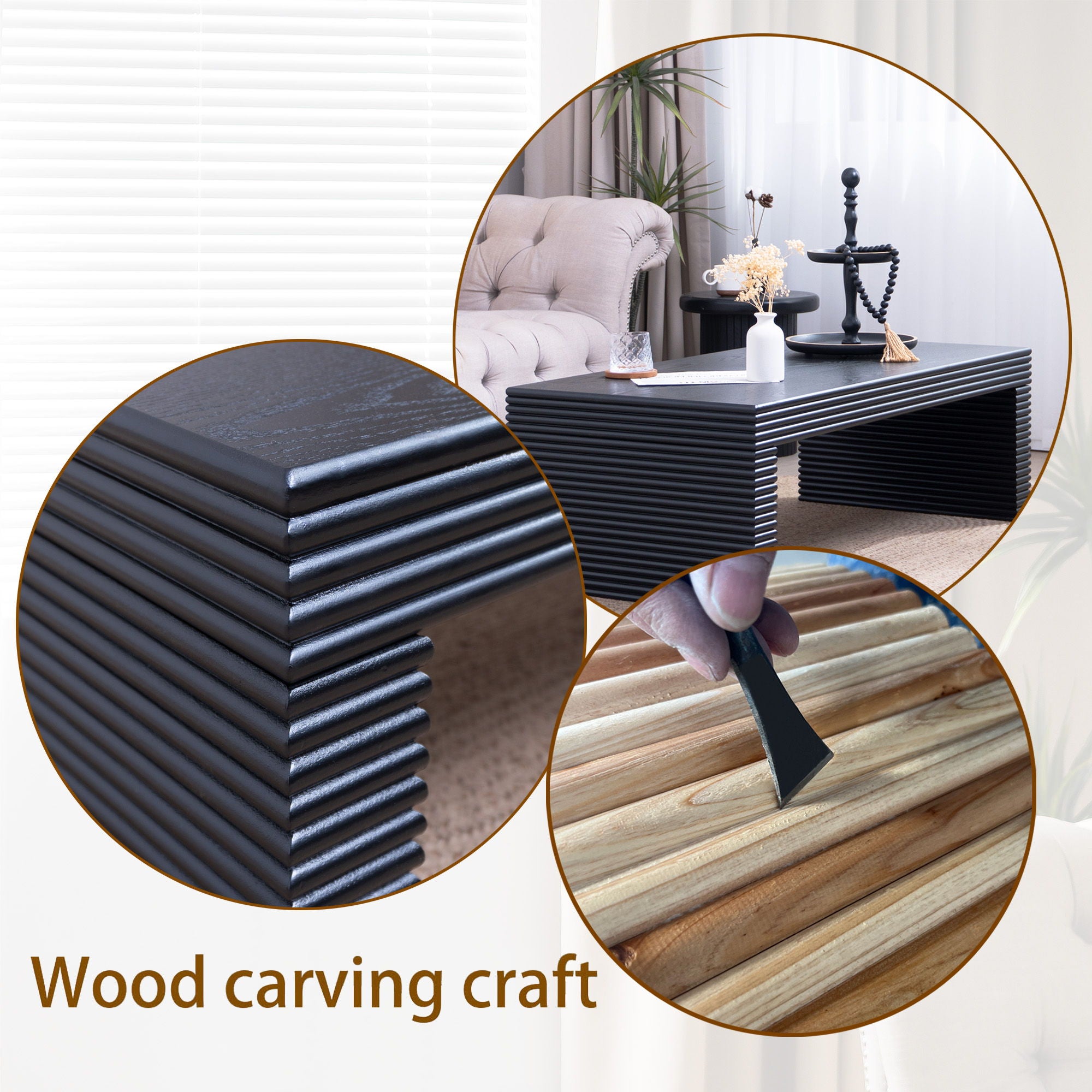 Modern Ribbed Coffee Table, Rectangular Low Profile Center Table For Living Room - Black