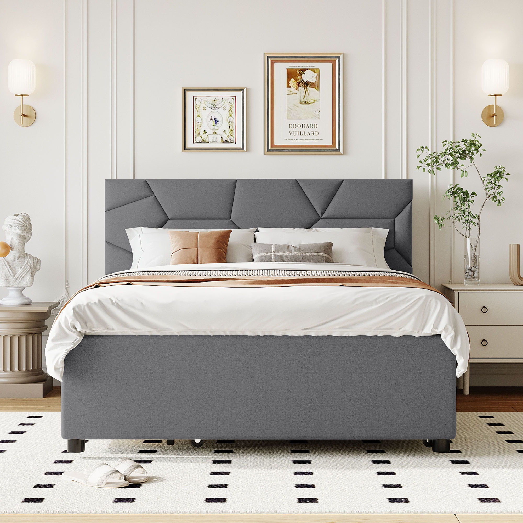 Upholstered Platform Bed With Brick Pattern Headboard And Twin Long Size Trundle