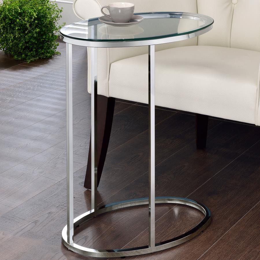 Coaster Fine Furniture Kyle - Oval Glass Top C-Shaped Sofa Side Table - Chrome | Meri Furniture