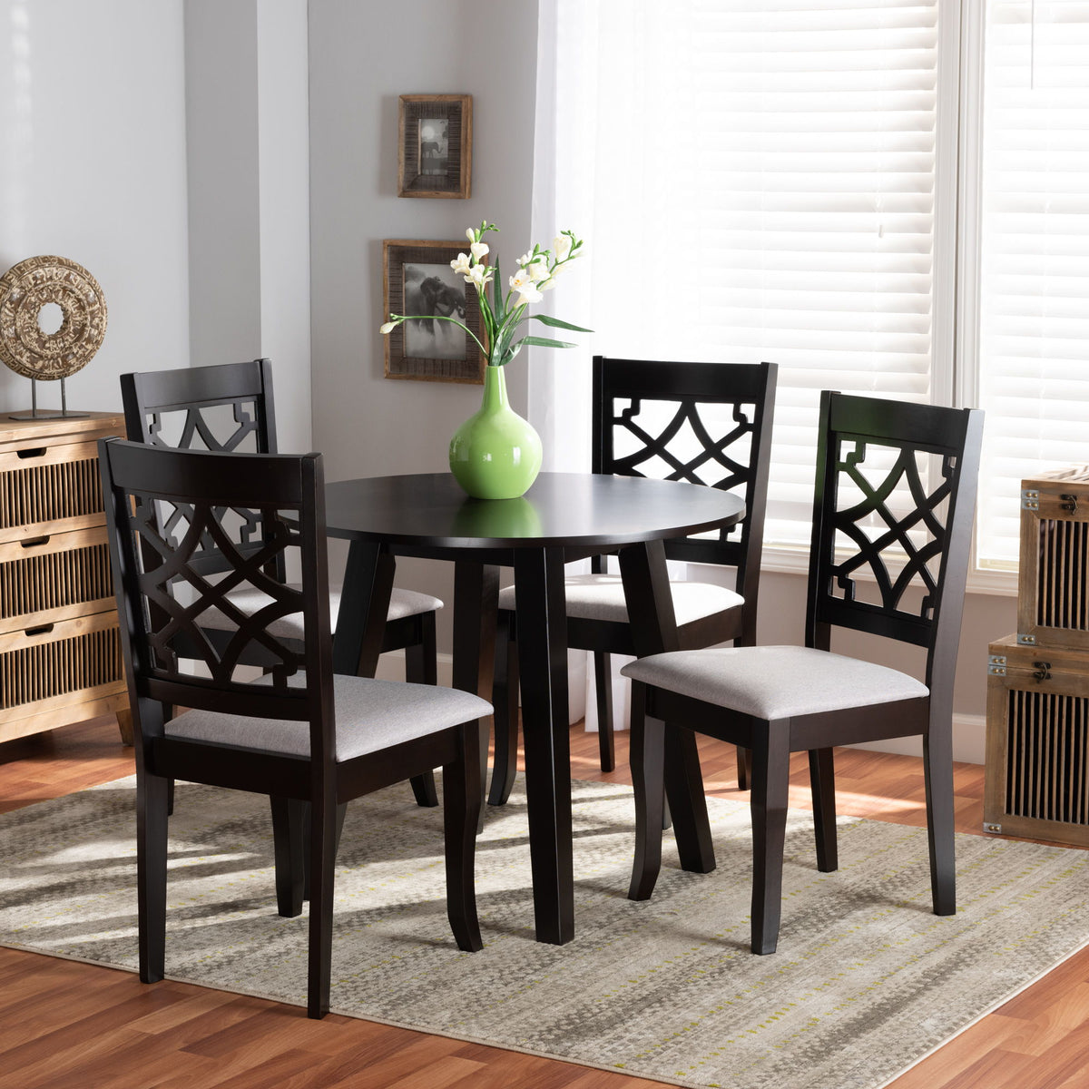 Mya Modern and Contemporary Grey Fabric Upholstered and Dark Brown Finished Wood 5-Piece Dining Set