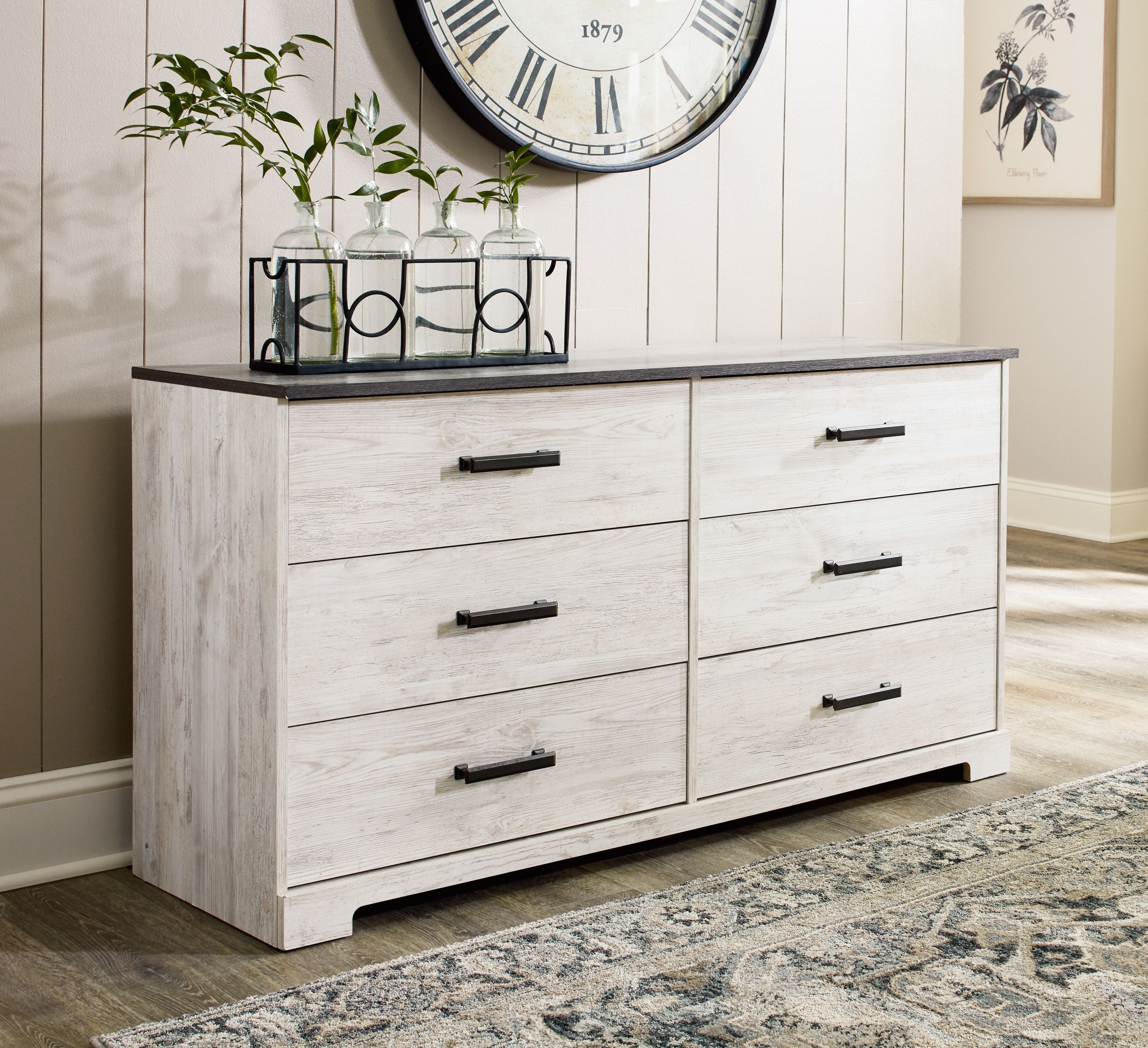 Signature Design by Ashley® Shawburn - White / Black / Gray - Six Drawer Dresser - Pewter-tone Pulls | Meri Furniture