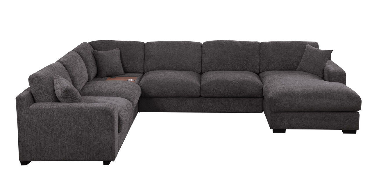 Celine 128"W Gray Chenille Fabric Corner Sectional Sofa with Right-Facing Chaise, Cupholders, and Charging Ports