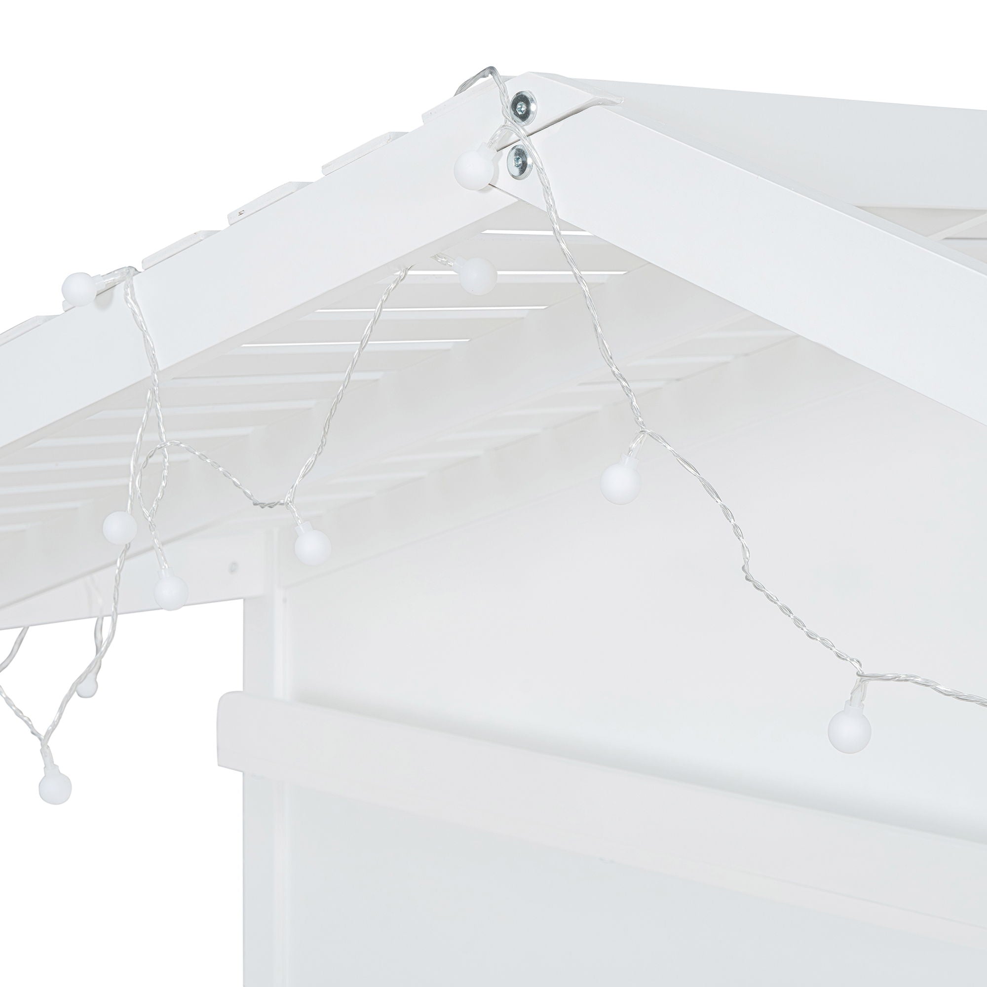 House Bed With Shelves, Window And Sparkling Light Strip On The Roof