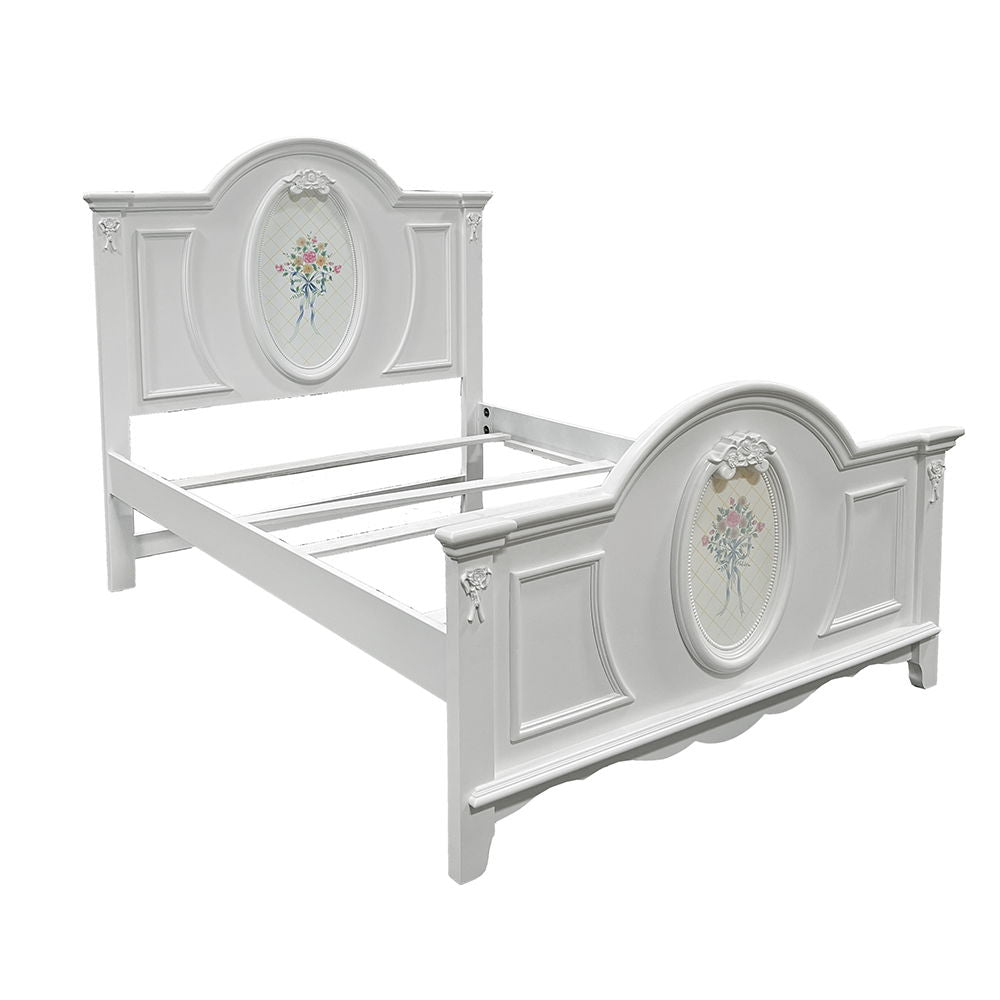 ACME Box Spring Required Panel Bed: Arched Headboard/Footboard Oval Rope Molding with floral motif decals Flora Collection: Poster Panel Beds Optional Trundle sold Separately | Meri Furniture