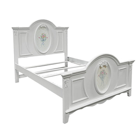 Box Spring Required Panel Bed: Arched Headboard/Footboard Oval Rope Molding with floral motif decals Flora Collection: Poster Panel Beds Optional Trundle sold Separately