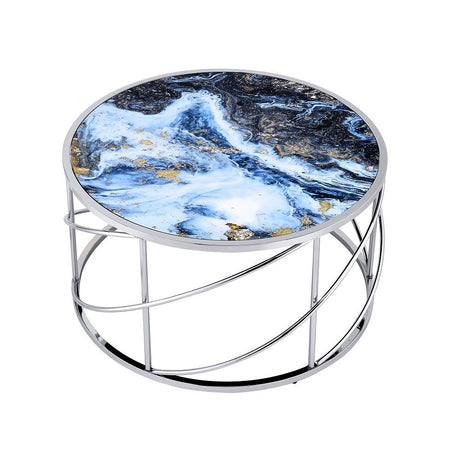 ACME Lyda - Coffee Table - Blue Marble Print & Chrome | Meri Furniture