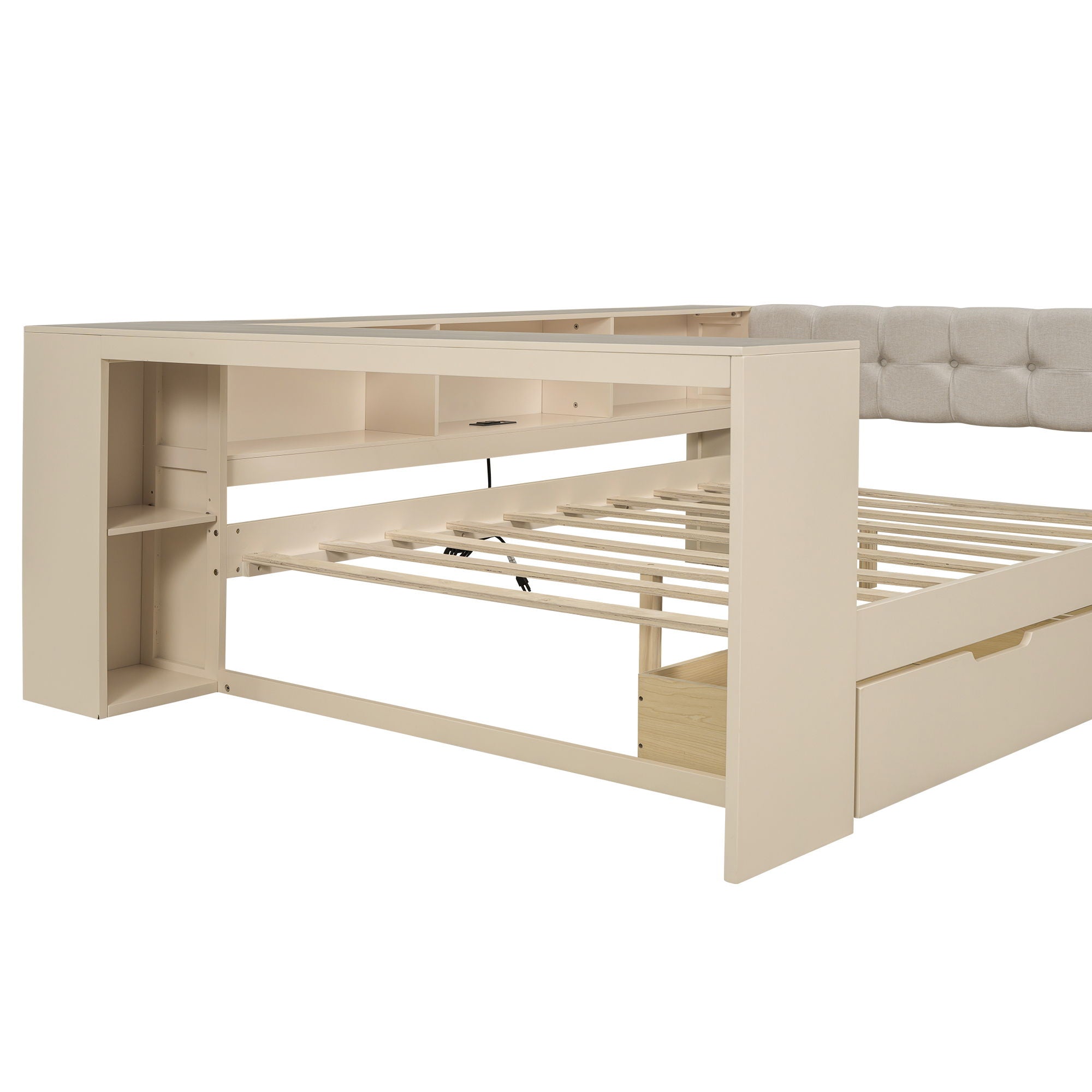 Upholstered Headboard Platform Bed With Storage Shelves, Drawers, Charging Station