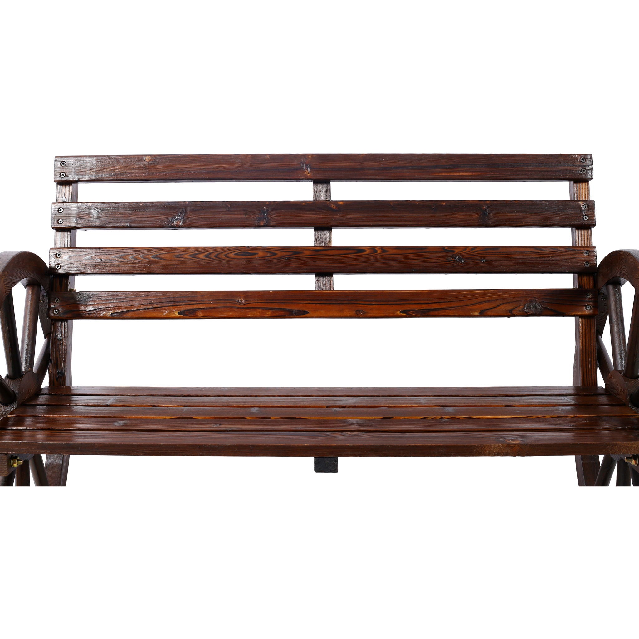 Rustic Country 2 Person Wooden Wagon Wheel Bench With Slatted Seat And Backrest - Brown