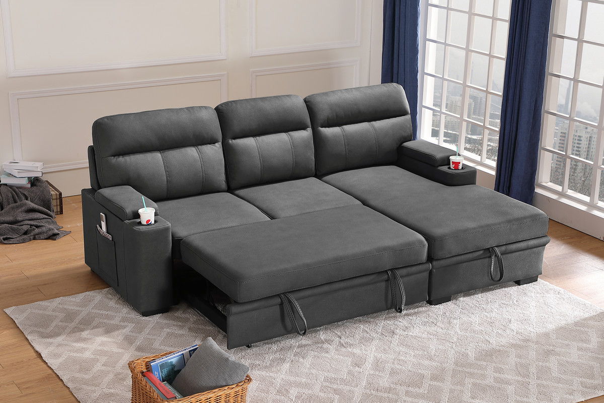Kaden 94"W Gray Fabric Sleeper Sectional Sofa Chaise with Storage Arms and Cupholder