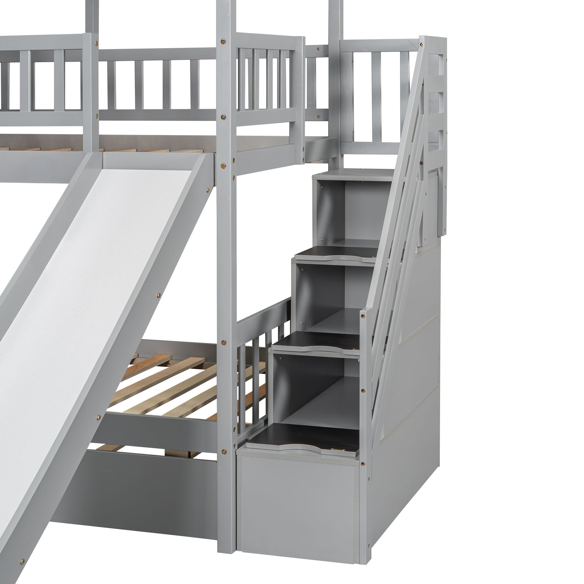 House Bunk Bed With Trundle, Storage Staircase, Roof And Window Design