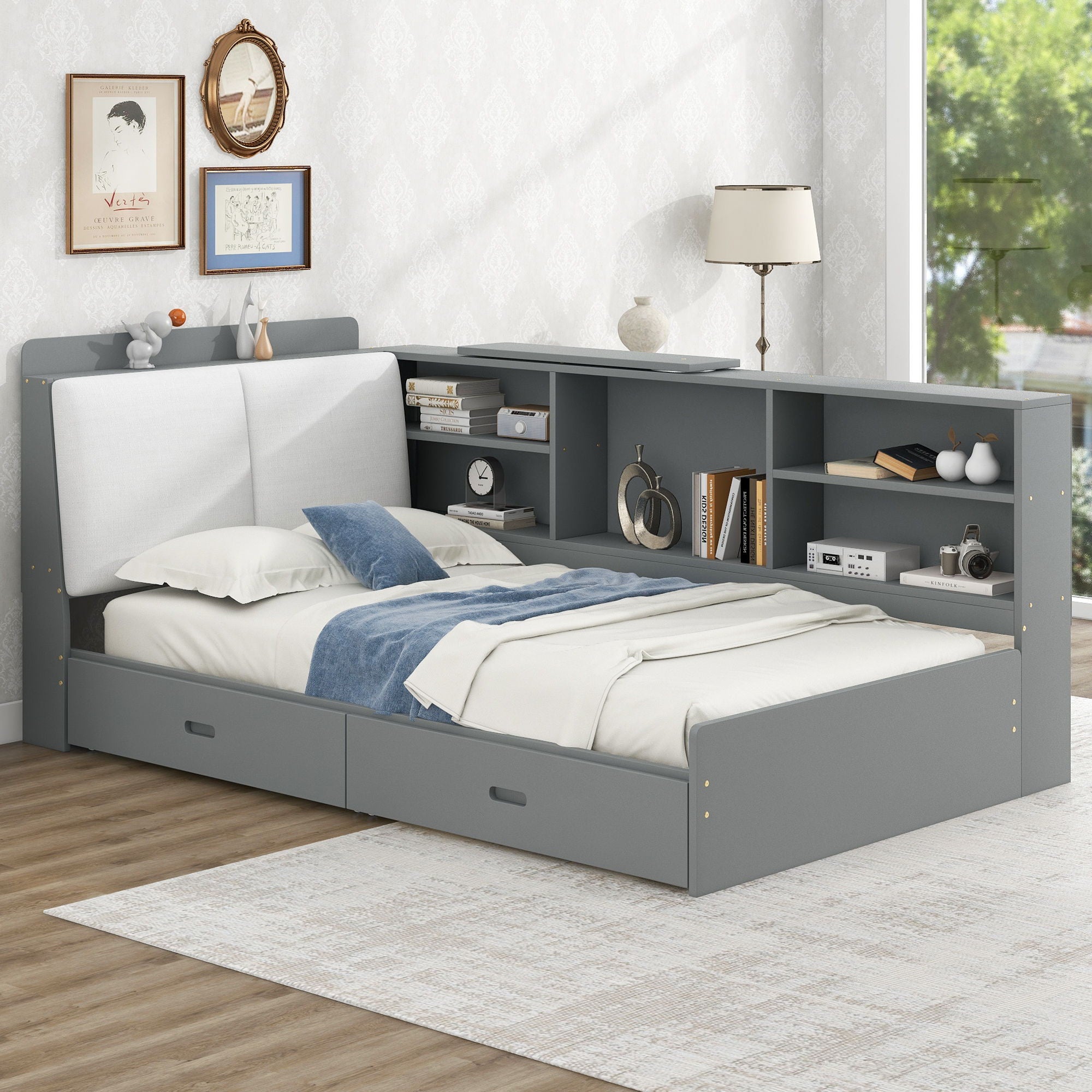 Platform Bed With Storage Headboard, Shelves And 2 Drawers