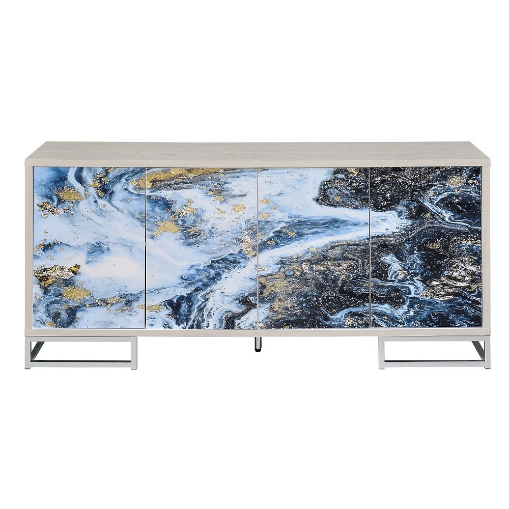 ACME Liam - Console Cabinet - Blue Marble Print & Chrome | Meri Furniture