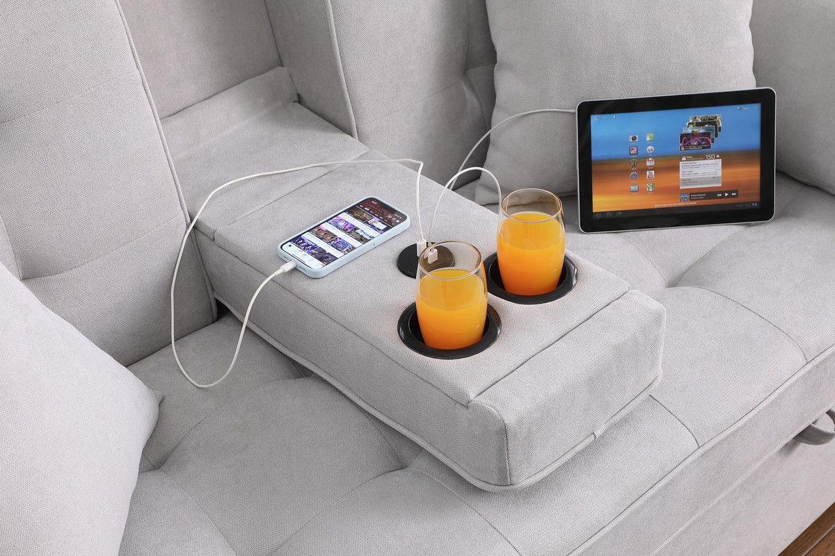 Cody II 70"W Light Gray Woven Fabric Convertible Sleeper Loveseat with Dropdown Console, Cup Holders, Charging Ports, Pocket, and Pocket Coil Seating