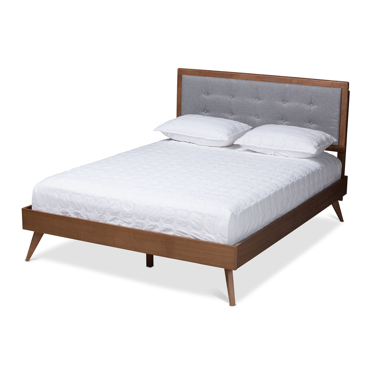 Ines Mid-Century Modern Light Grey Fabric Upholstered Walnut Brown Finished Wood King Size Platform Bed