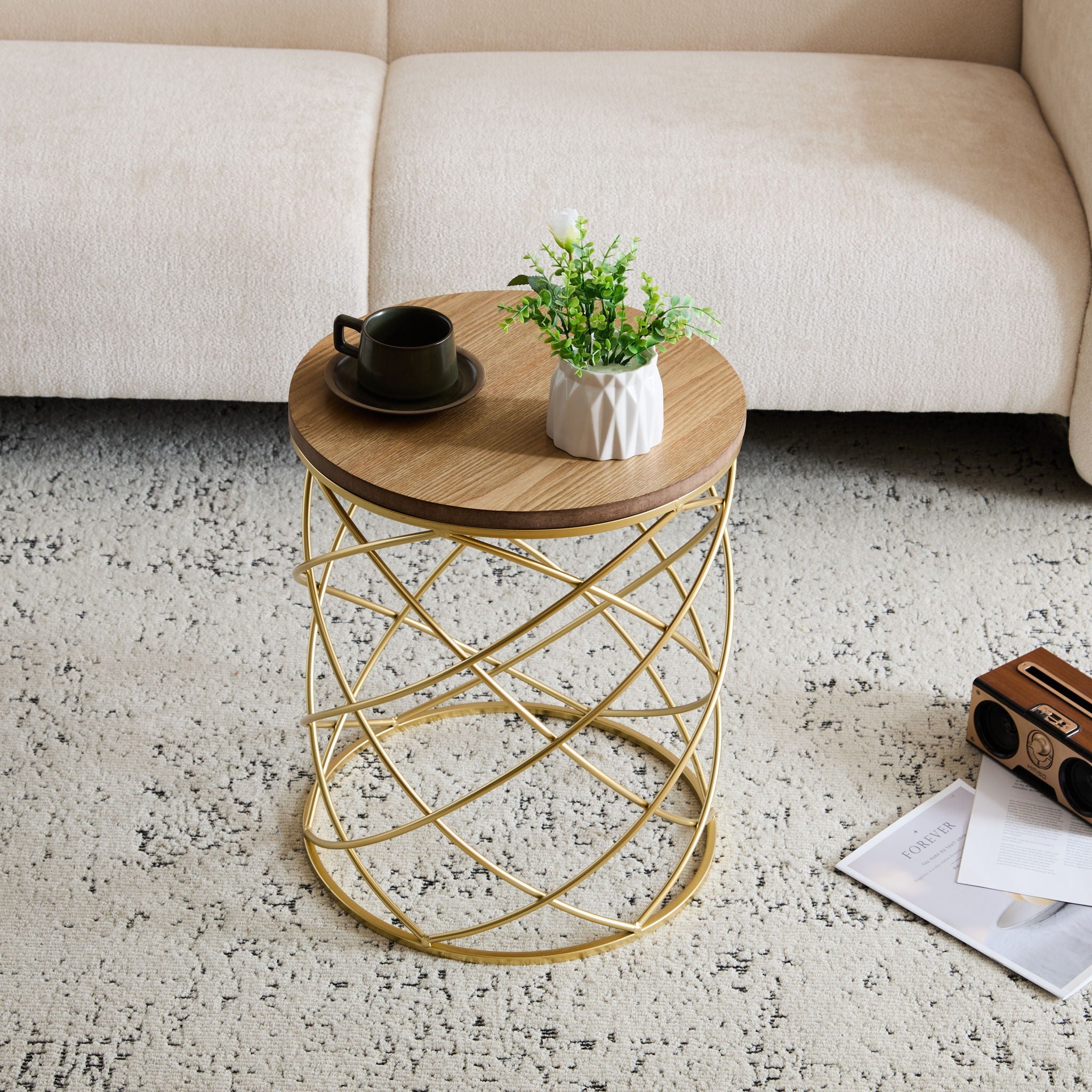 Contemporary Golden Side Table With Top And Metal Frame - Natural / Gold