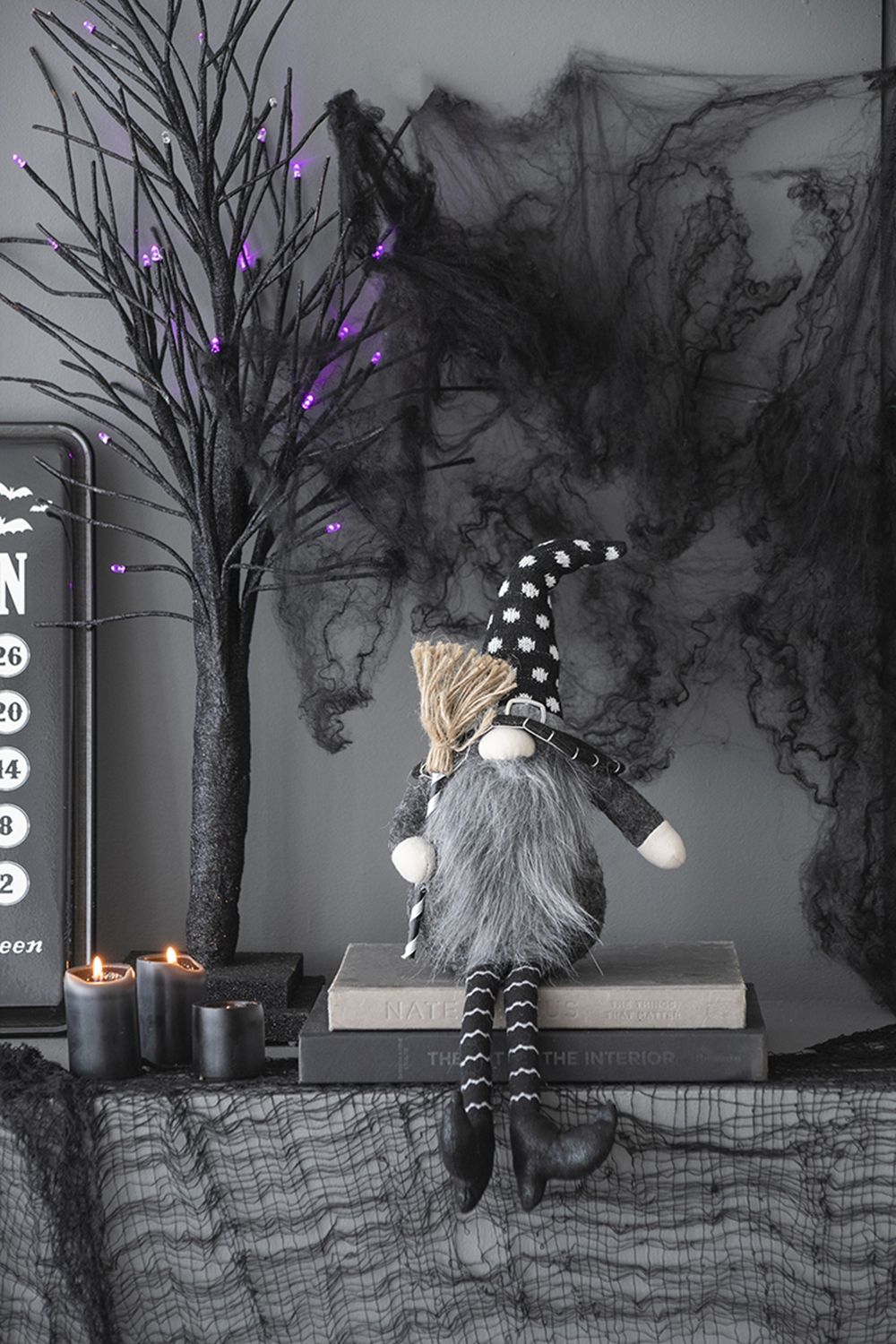 Sitting Gnome With Broomstick & Soft Legs, For Halloween Decor - Black White