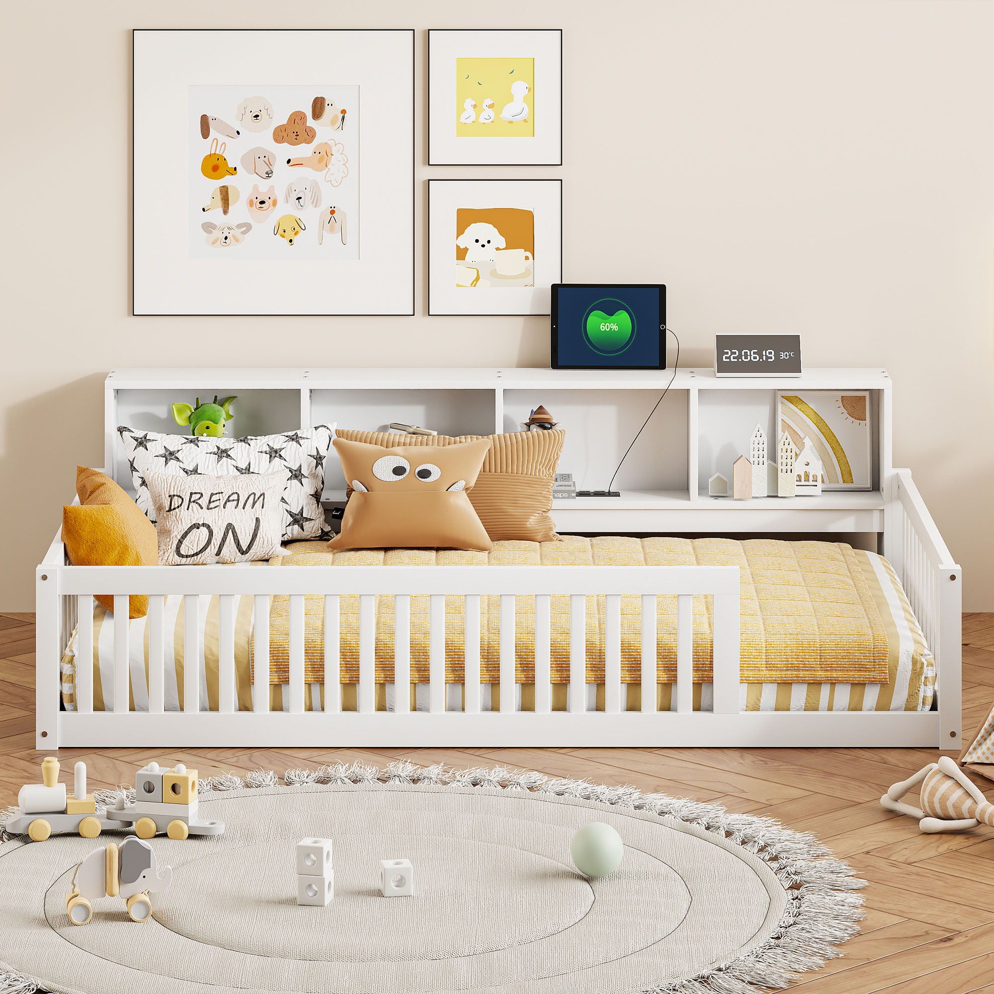 Floor Bed With Storage Cabinets And USB Ports