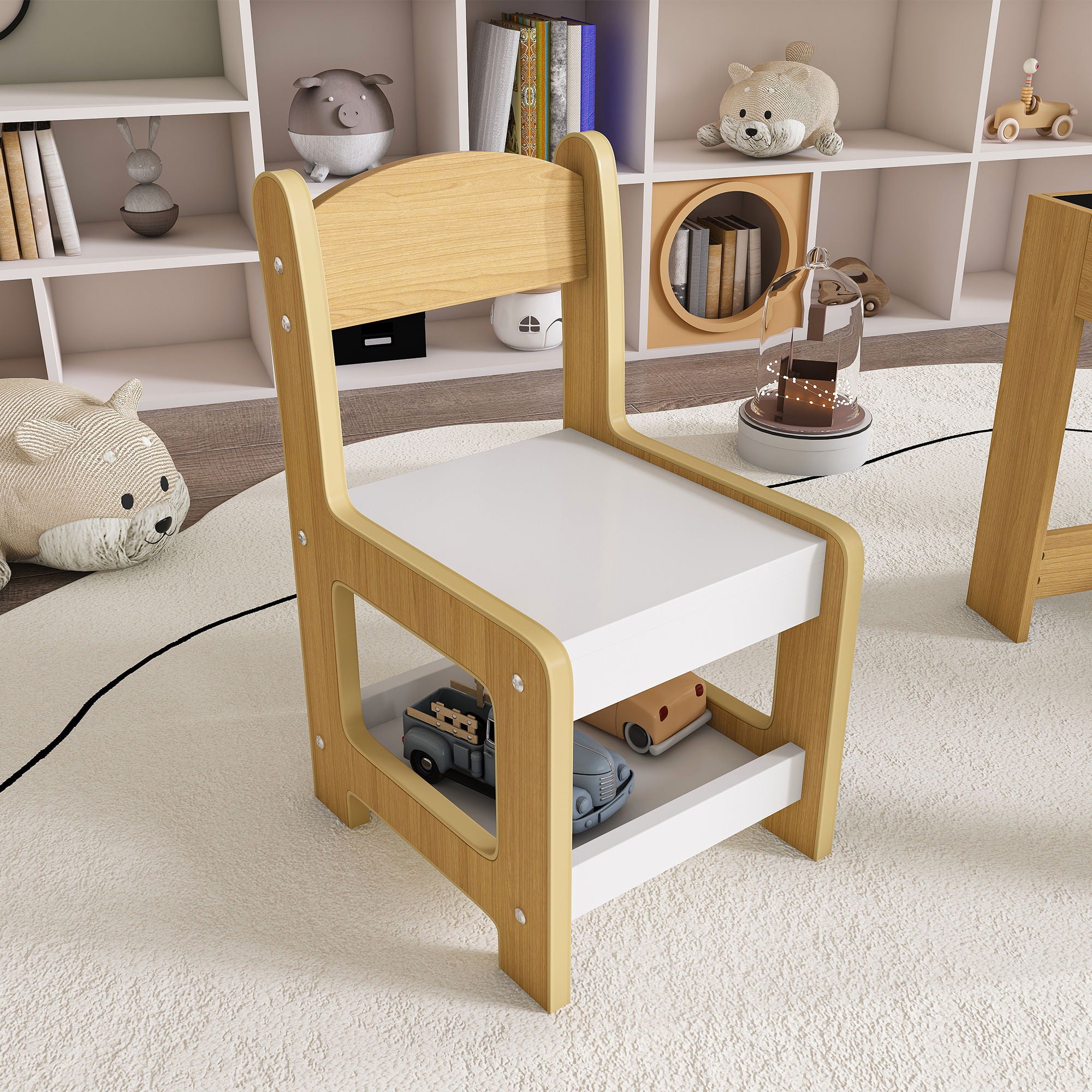 3 In 1 Kids Study Table & Chairs Set Multi Functional Activity Table With Detachable Blackboard Top - Natural Wood