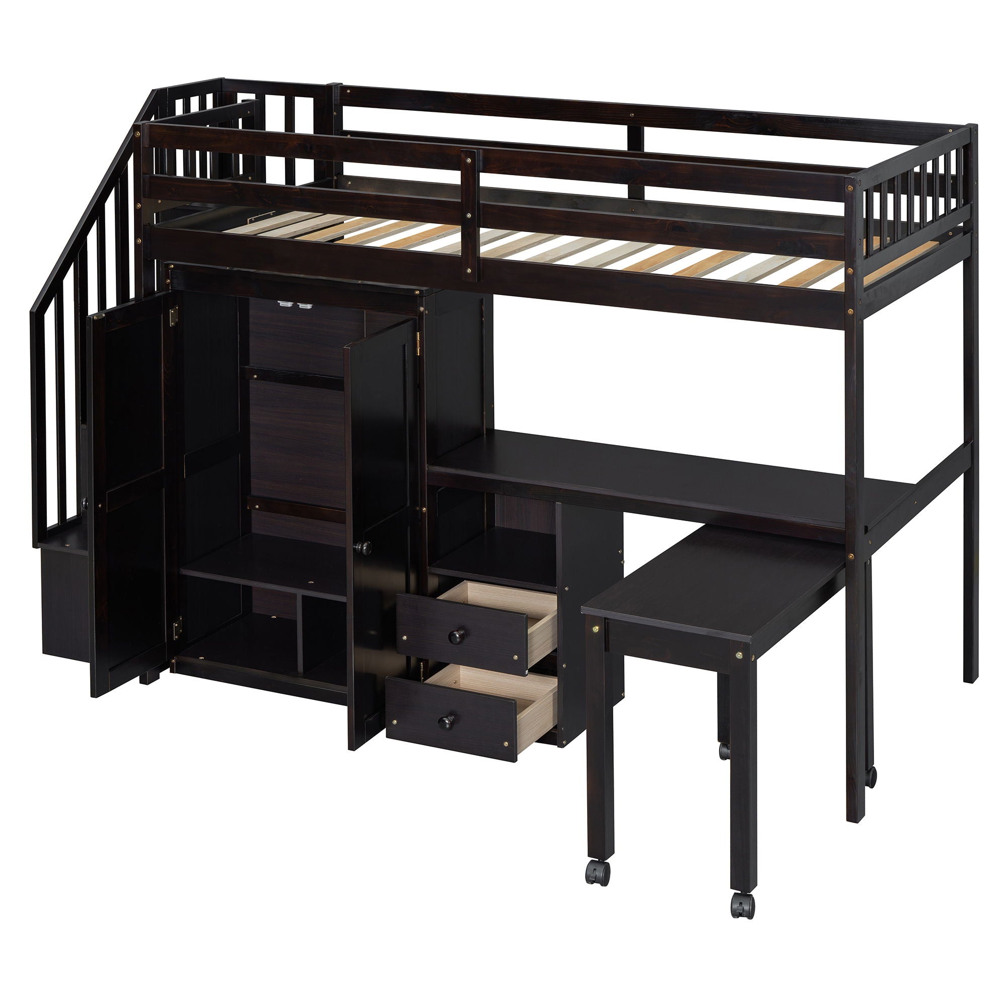 Loft Bed With Stairs, Bookshelf, Drawers, Desk & Wardrobe, Space Saving Multifunctional Furniture