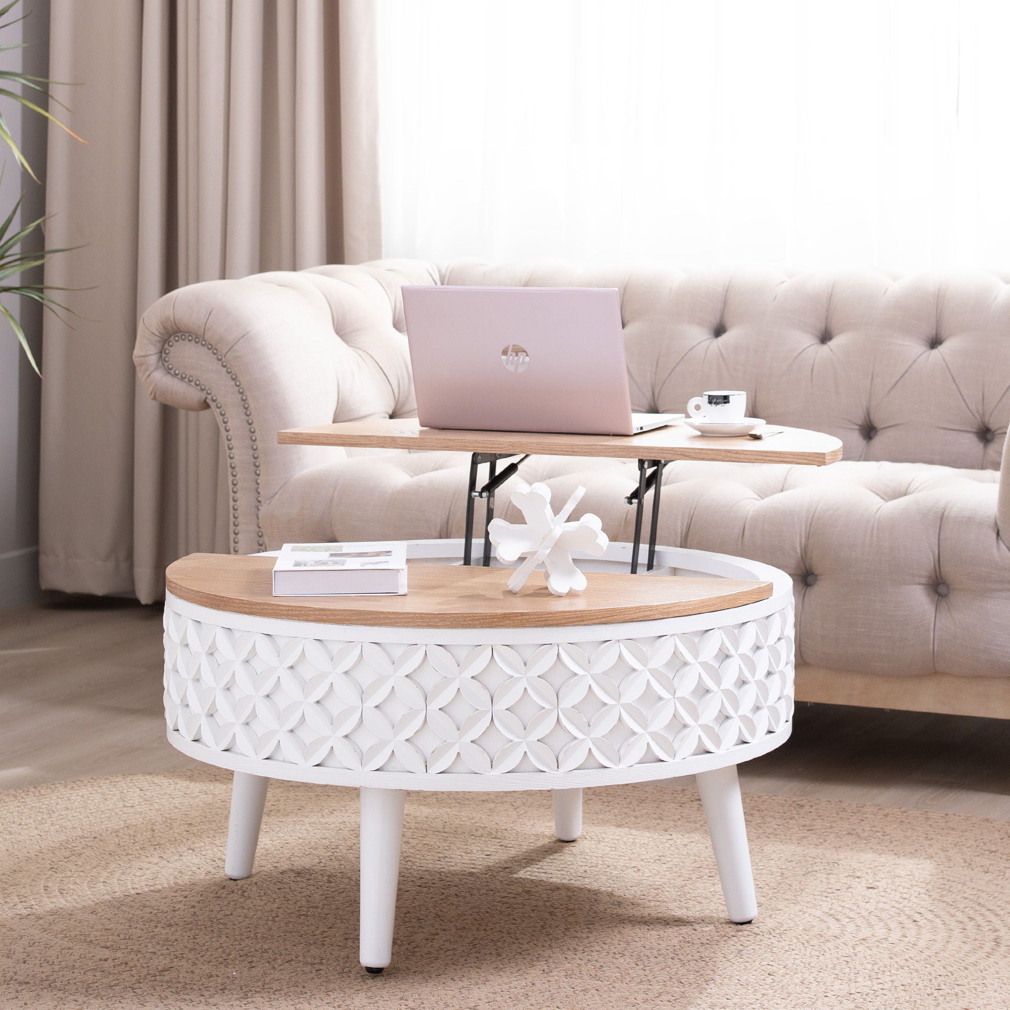 Round Coffee Table With Storage - White / Light Oak
