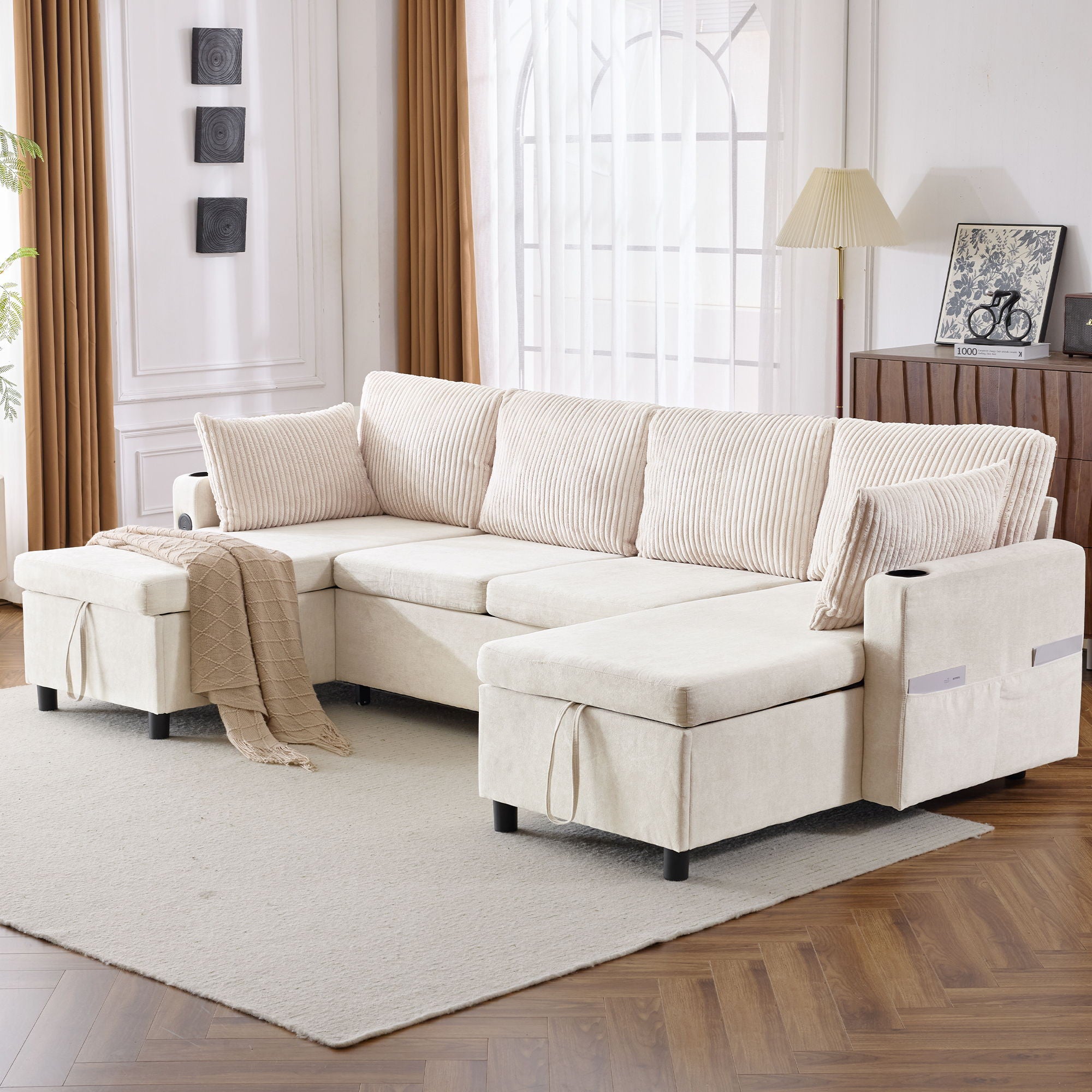Sectional Sofa Bed With Pull Out Sleeper, USB Ports, Cup Holders