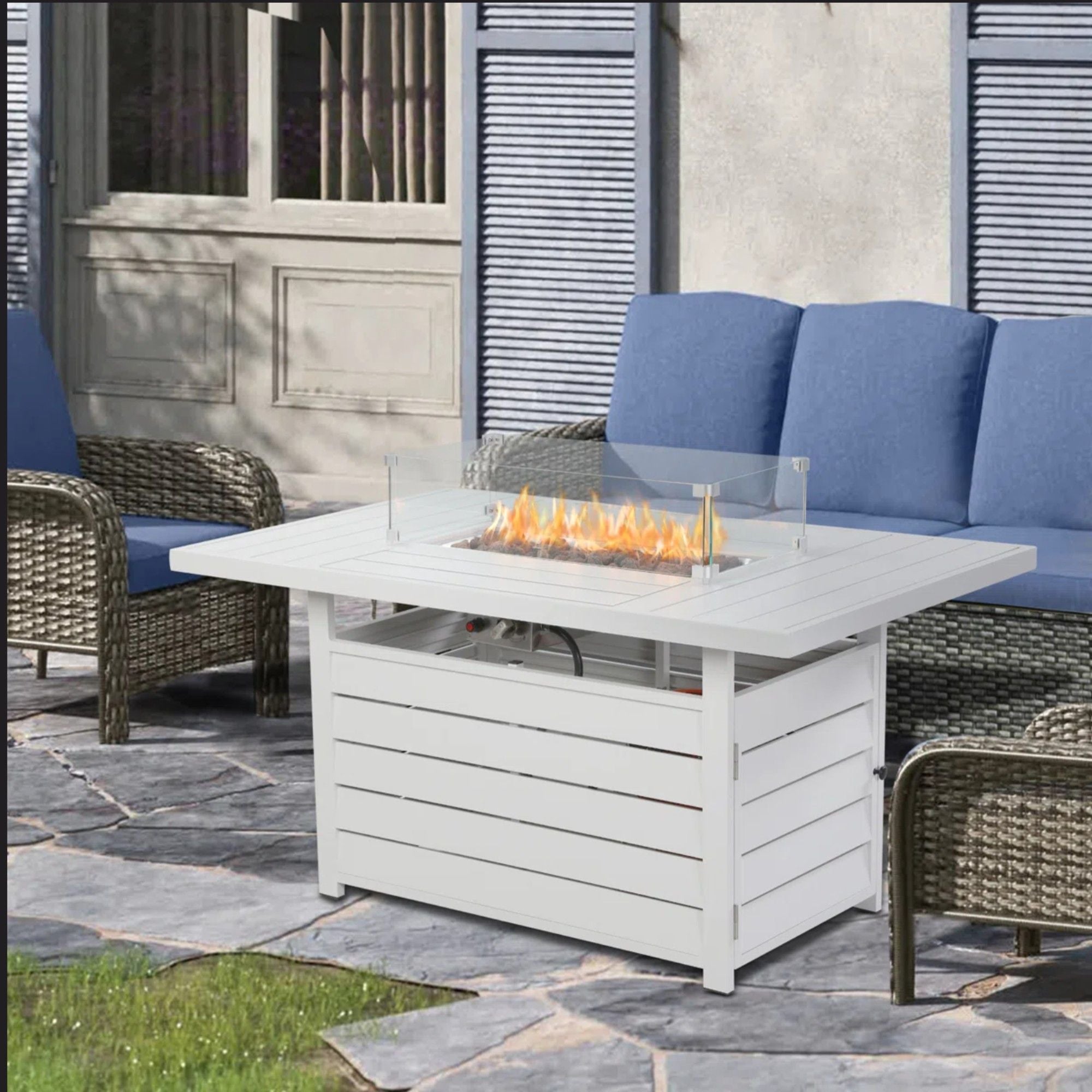 Rectangular Propane Fire Pit Table With Burner, Lava Rock, Waterproof Cover