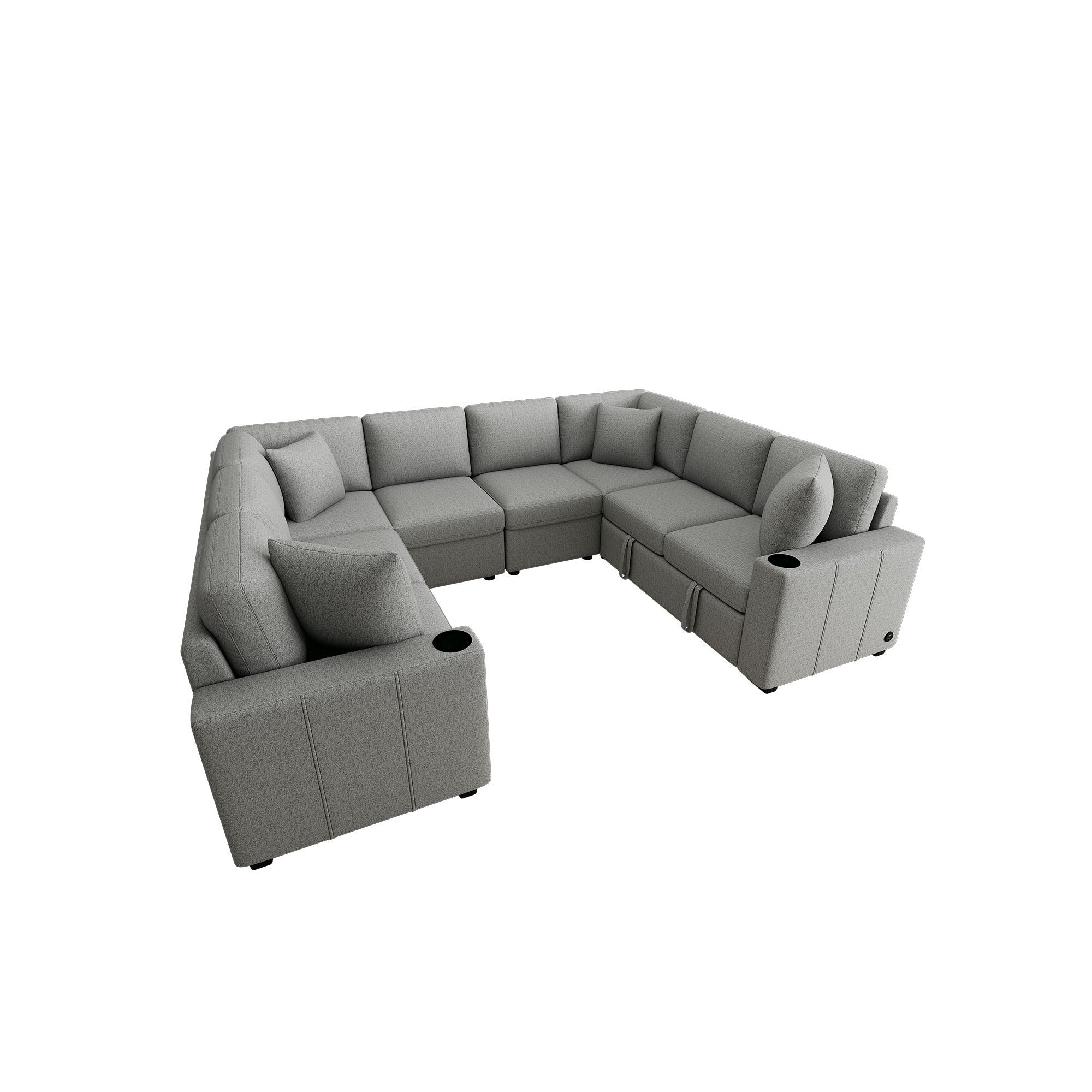 Modern U-Shaped Sectional Sofa Convertible Pull-Out Sofa Bed With USB Ports And Cup Holders