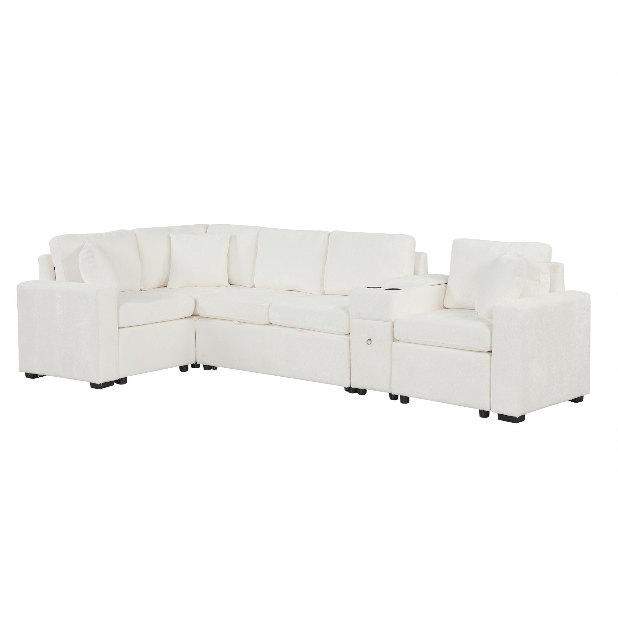 Contemporary L Shaped Convertible Sofa Bed With Pull Out Bed, Cup Holders, And Storage