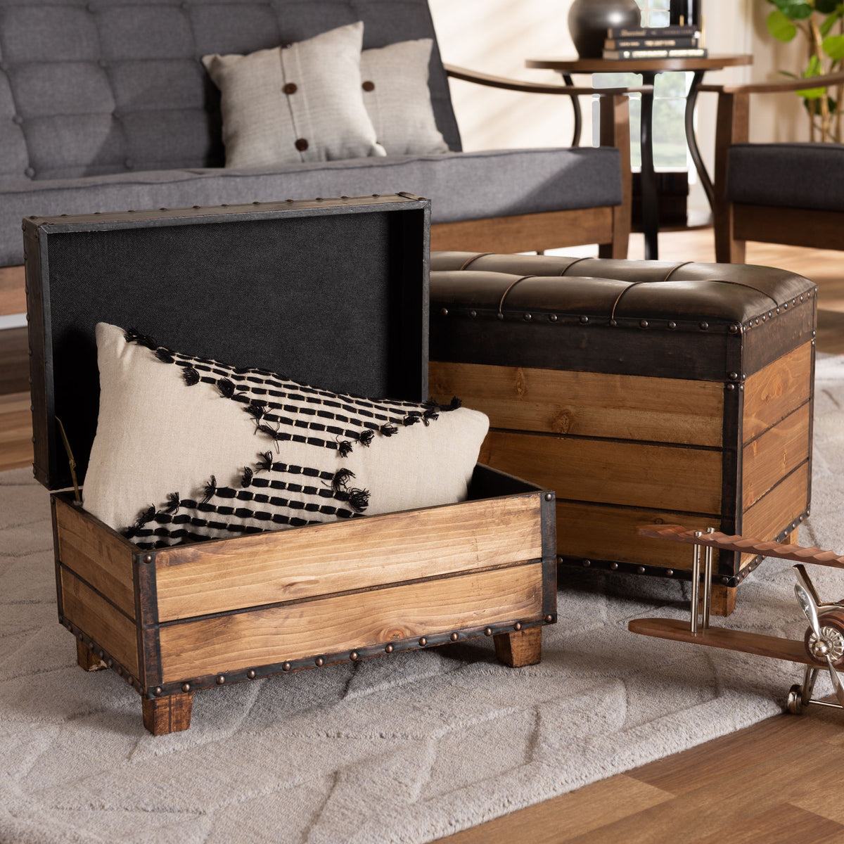 Marelli Rustic Dark Brown Faux Leather Upholstered 2-Piece Wood Storage Trunk Ottoman Set